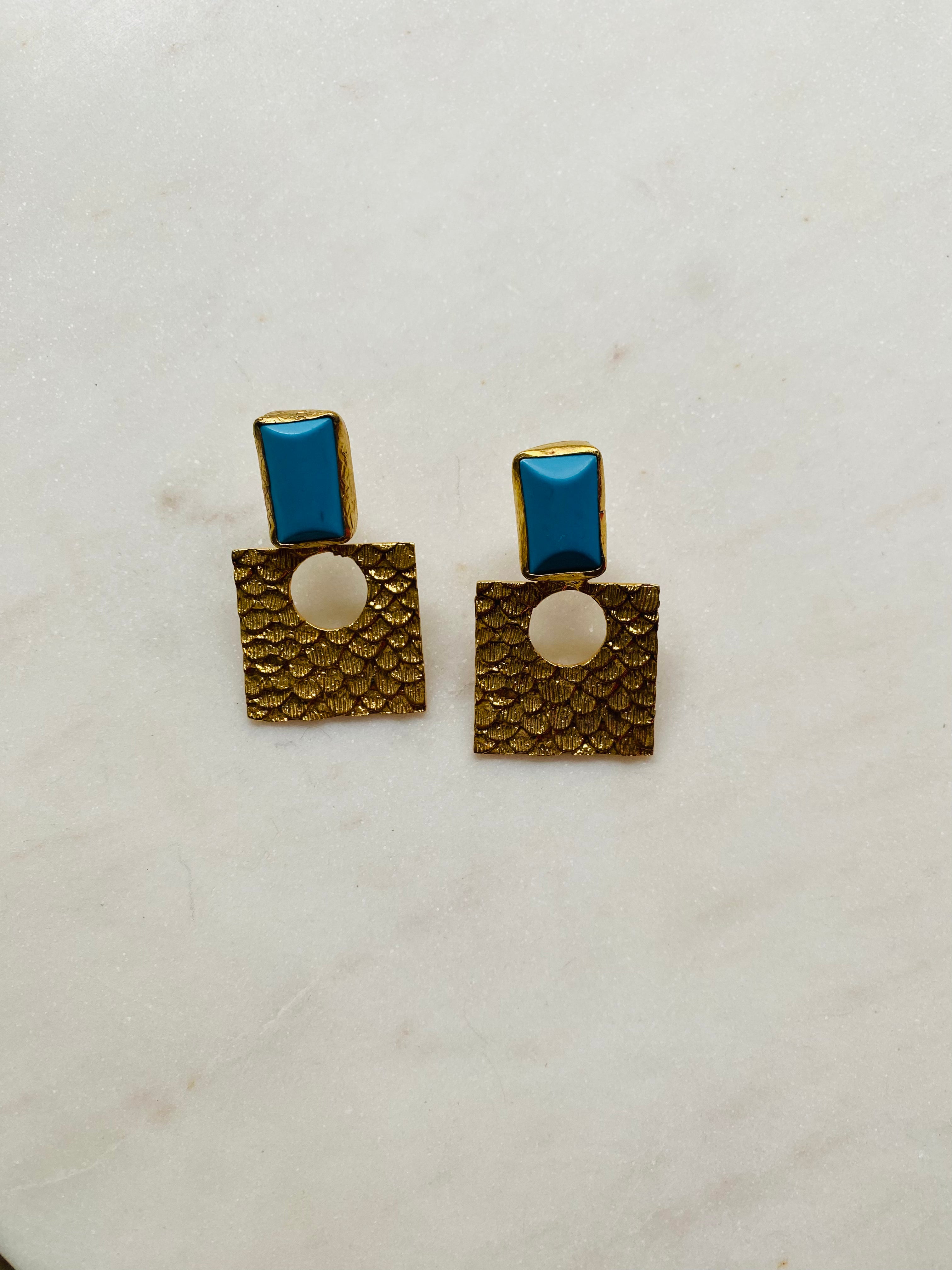 turquoise gold textured earrings