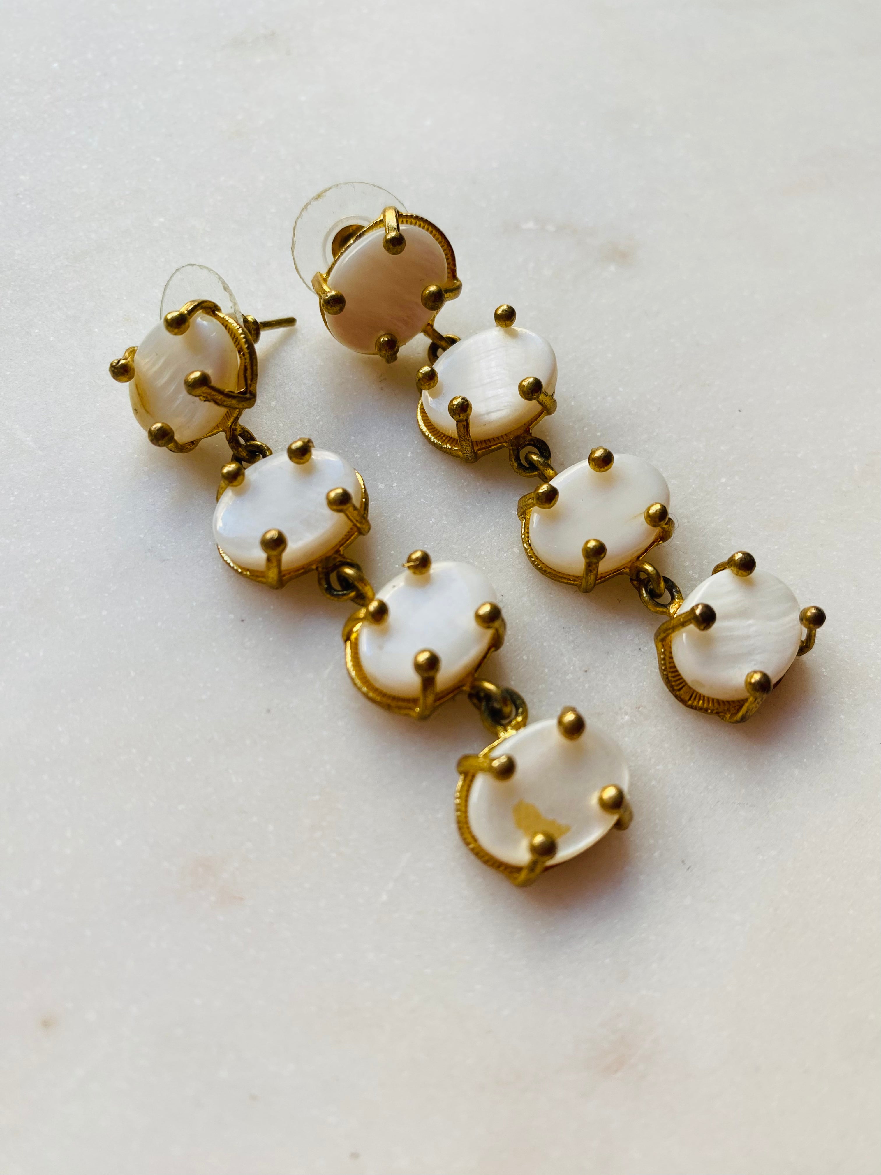 white gemstone long drop earrings