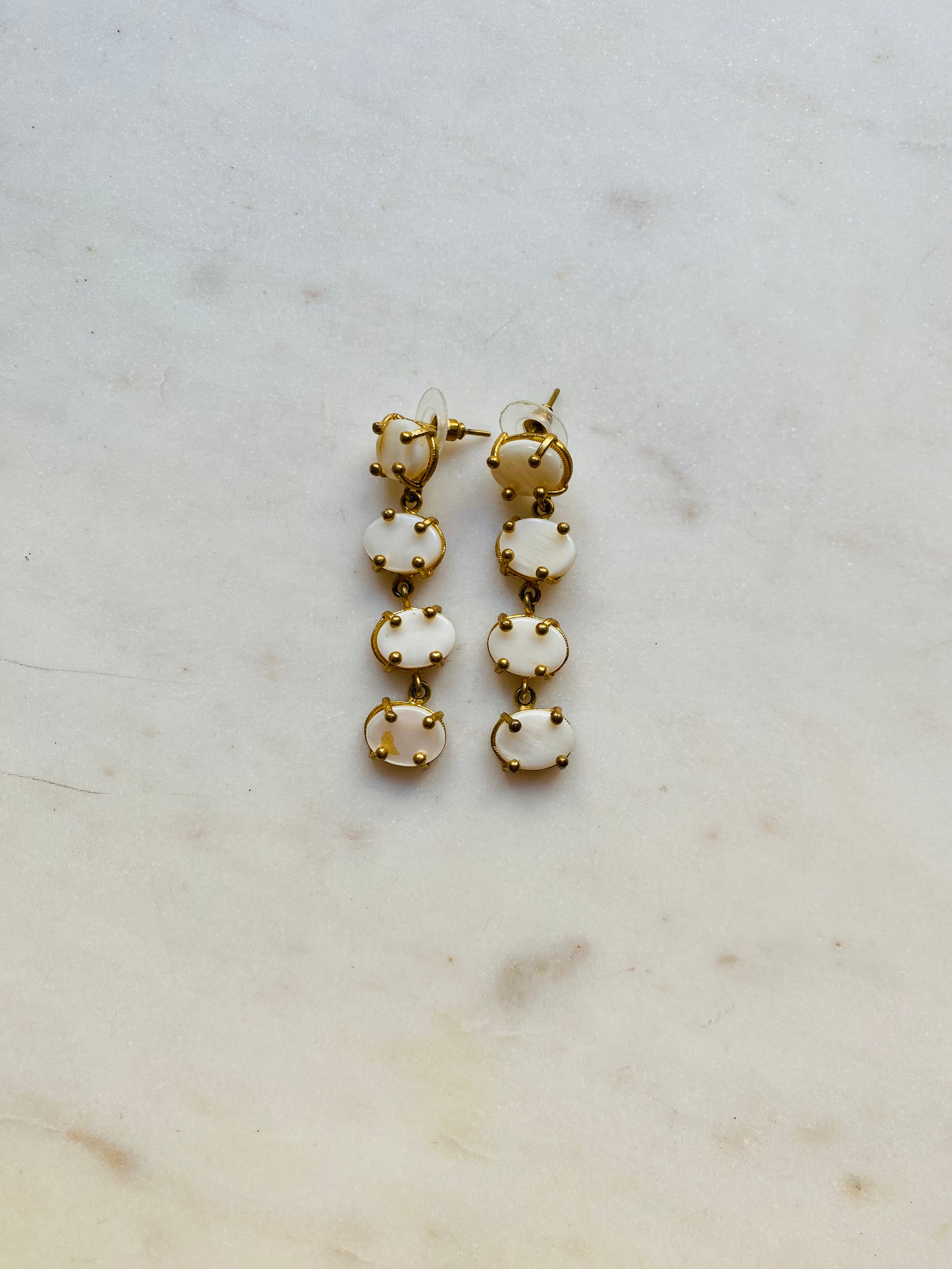 white gemstone long drop earrings