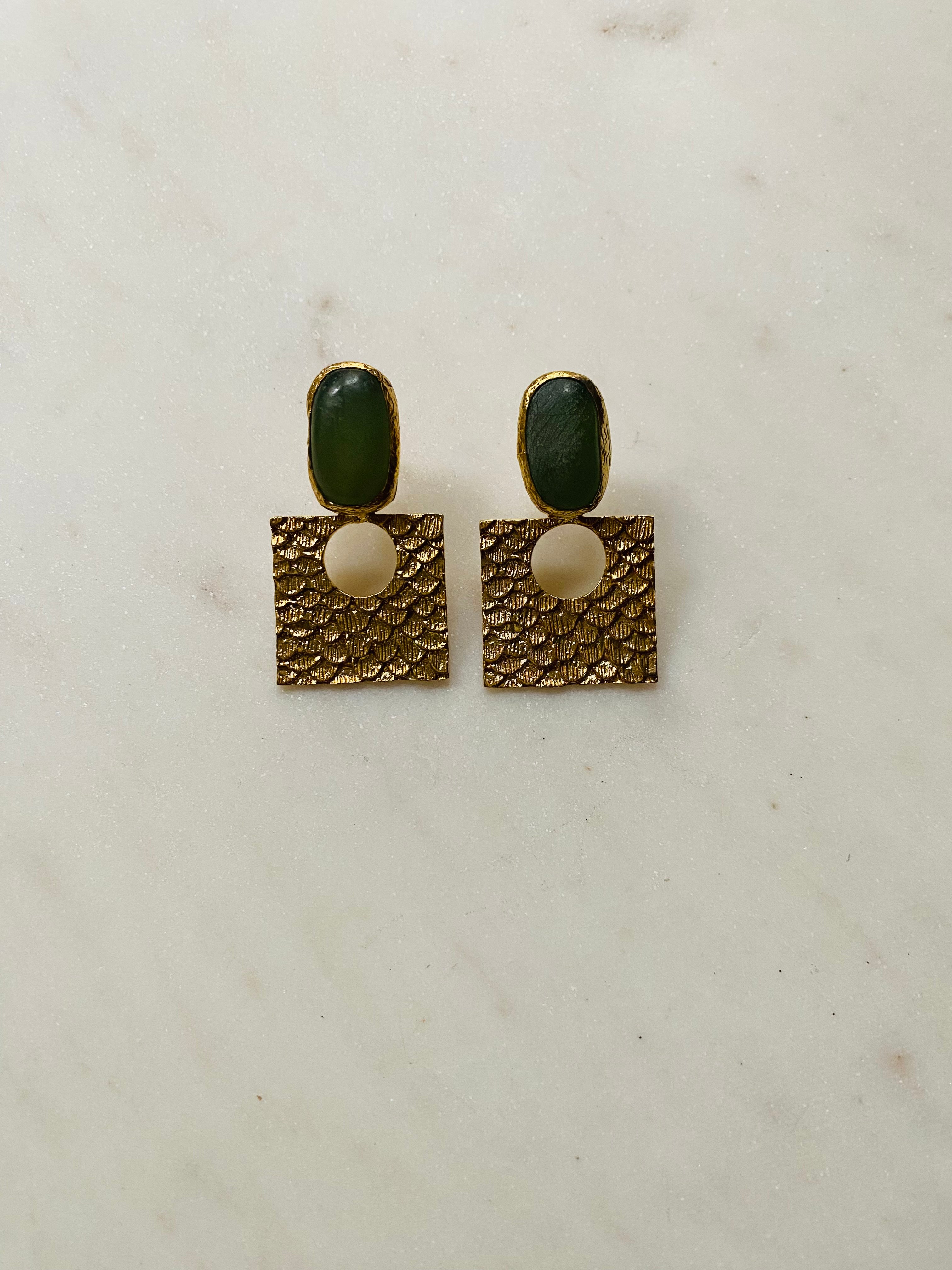 24kt goldplated square earrings with gemstone