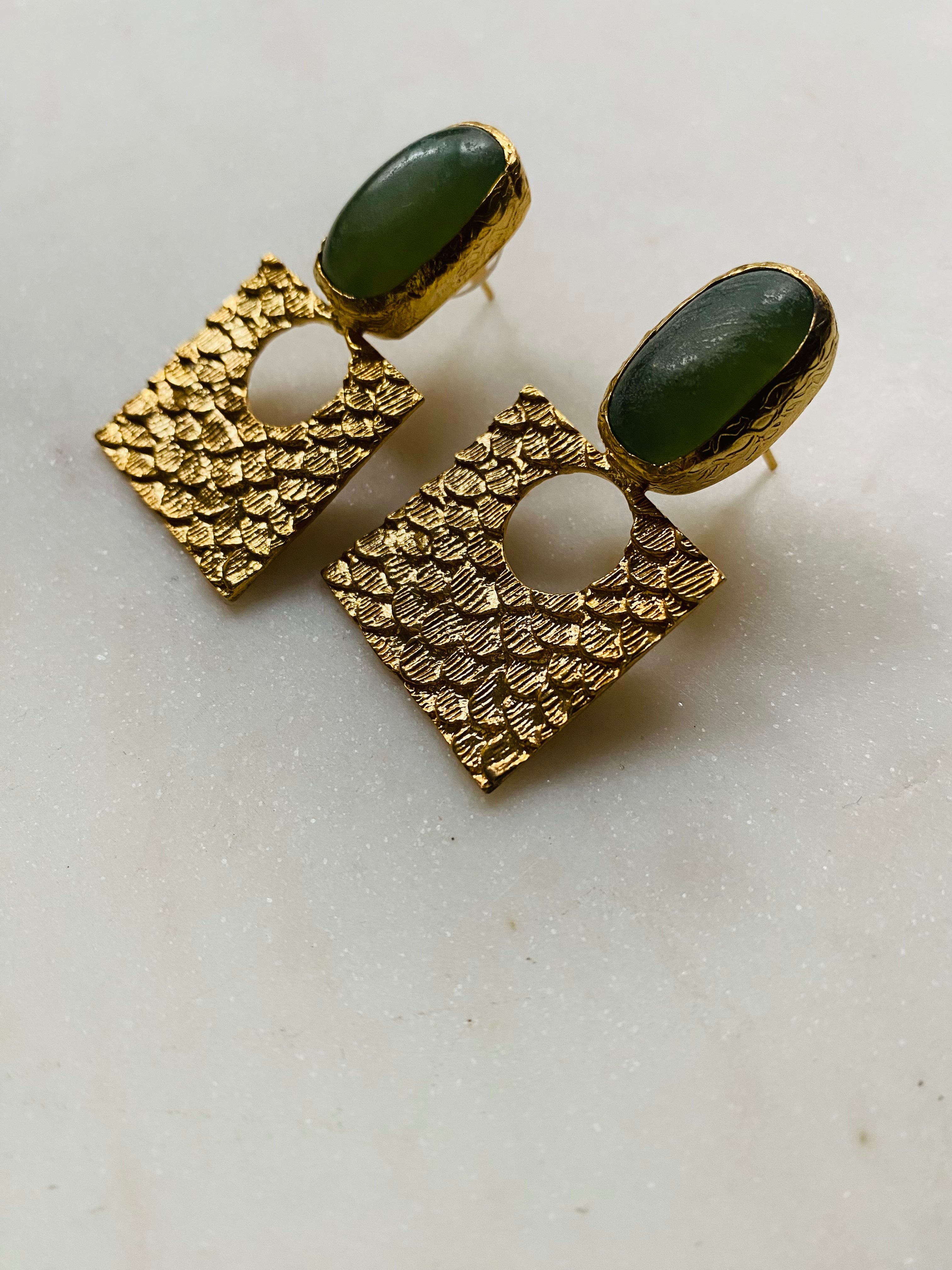 24kt goldplated square earrings with gemstone