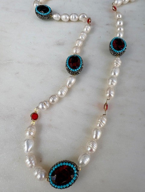 Contemporary Pearl Necklace with Turquoise and Red Gemstones