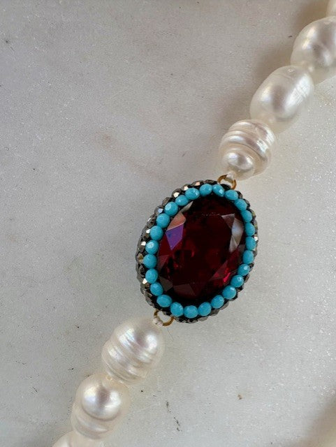 Contemporary Pearl Necklace with Turquoise and Red Gemstones