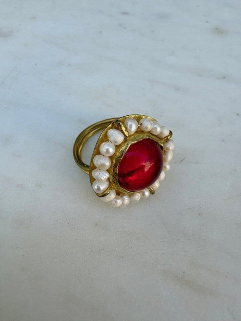 Gold Statement Ring with Red Stone & Pearls