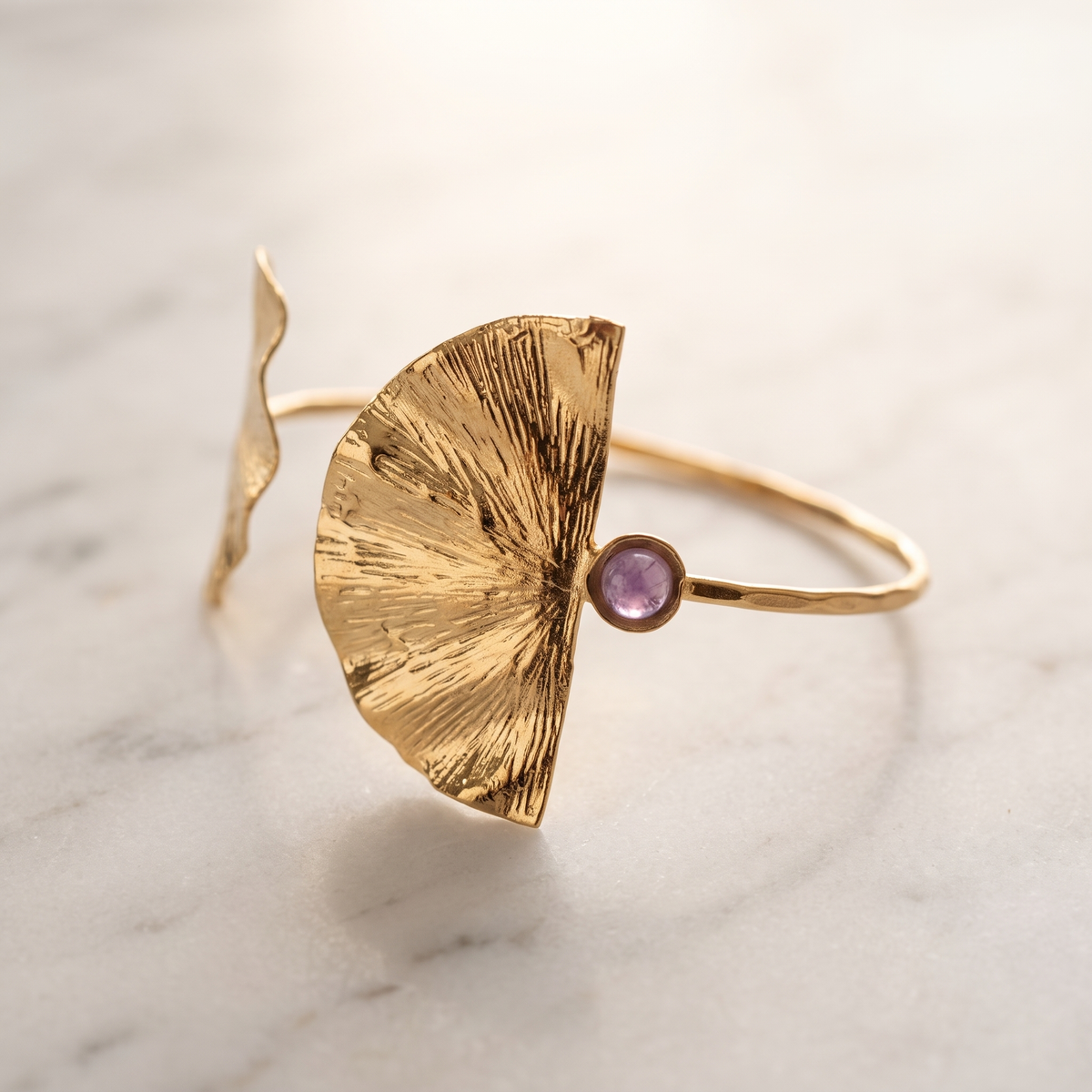 Golden Fan Cuff Bracelet Amethyst bead.