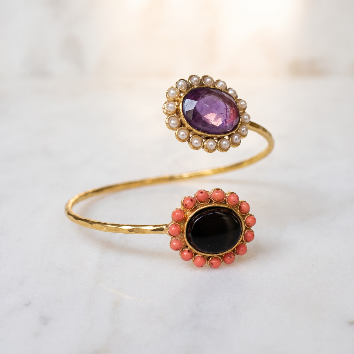Elegant Goldplated Bangle with Gemstones and Pearls