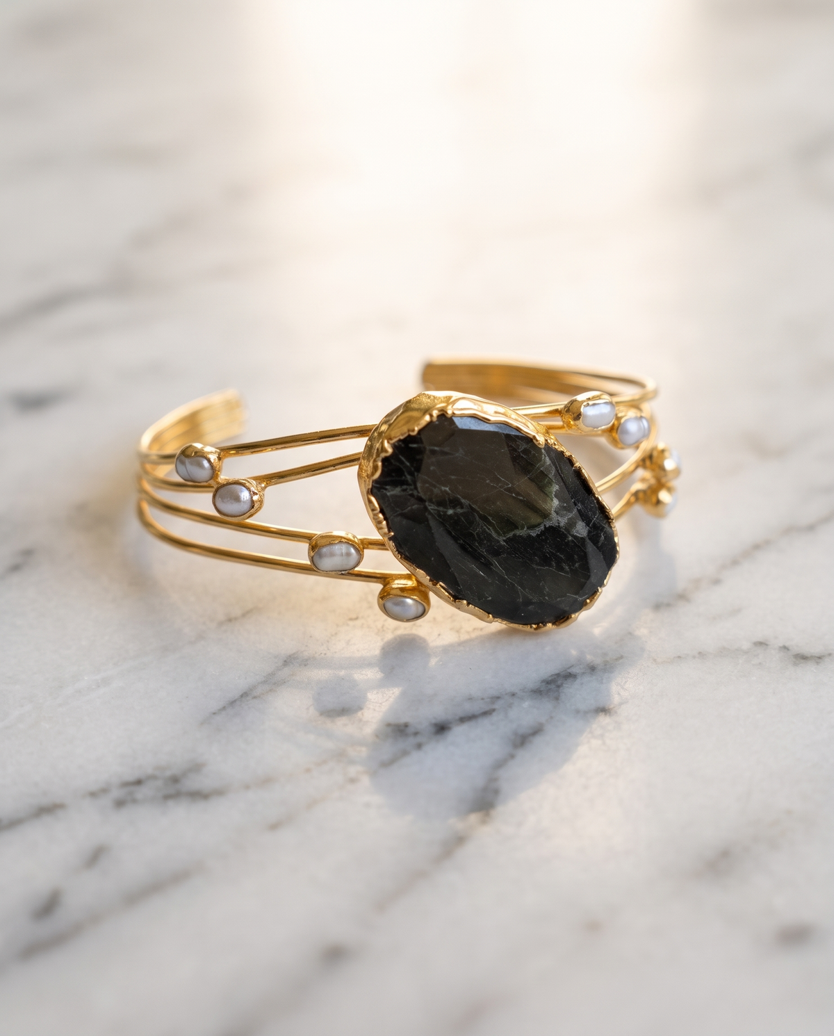 Midnight Gemstone Gold Cuff Bracelet