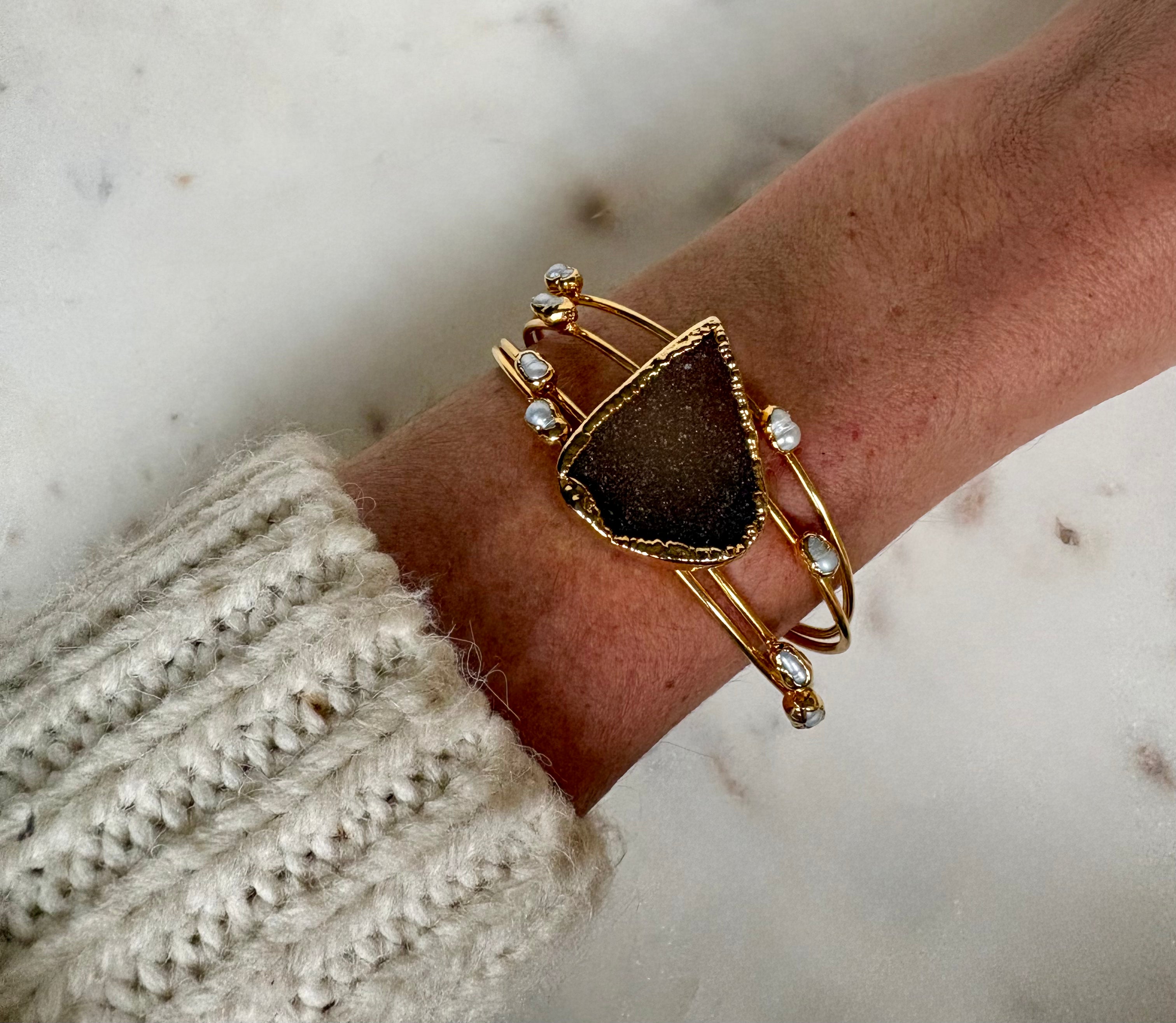 Geometric Gemstone Open Cuff Bracelet