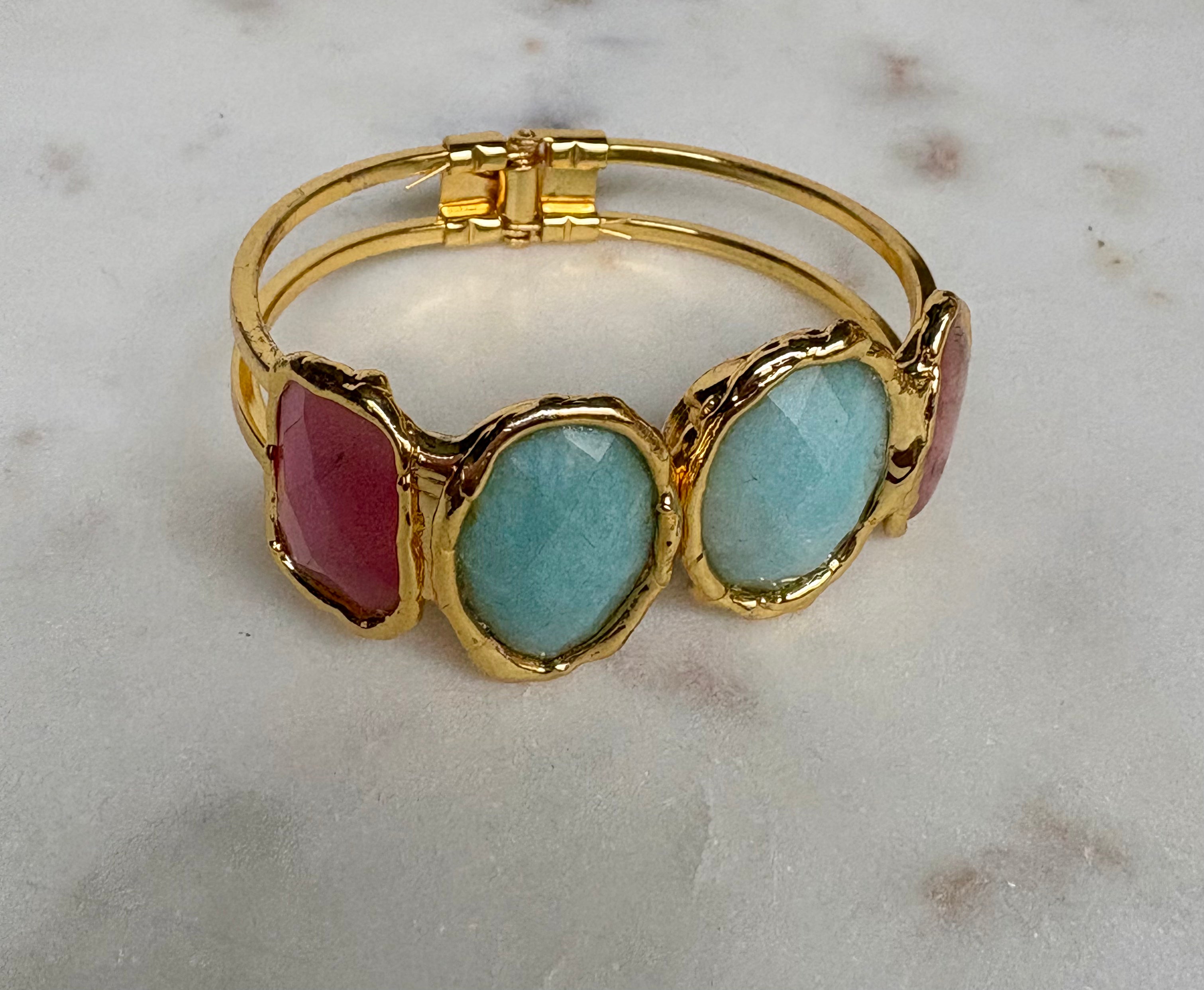 gold stone cuff bracelet - turquoise & burgundy