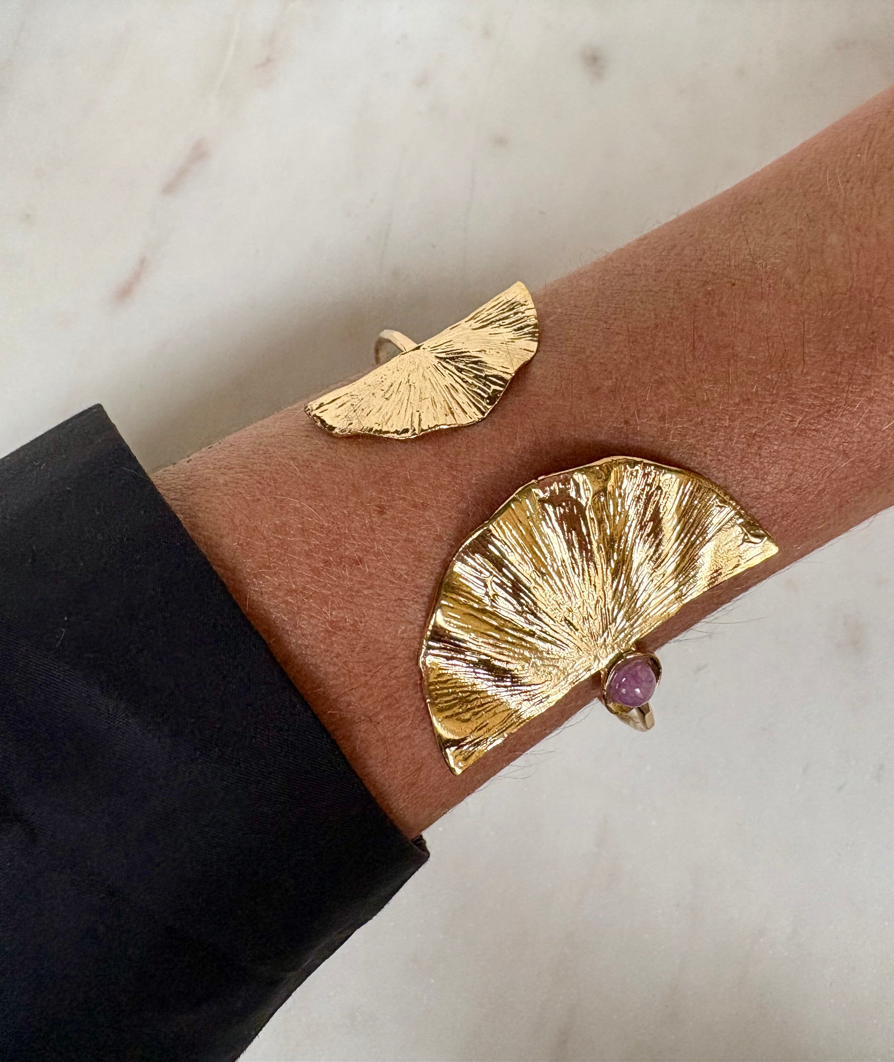 Golden Fan Cuff Bracelet Amethyst bead.