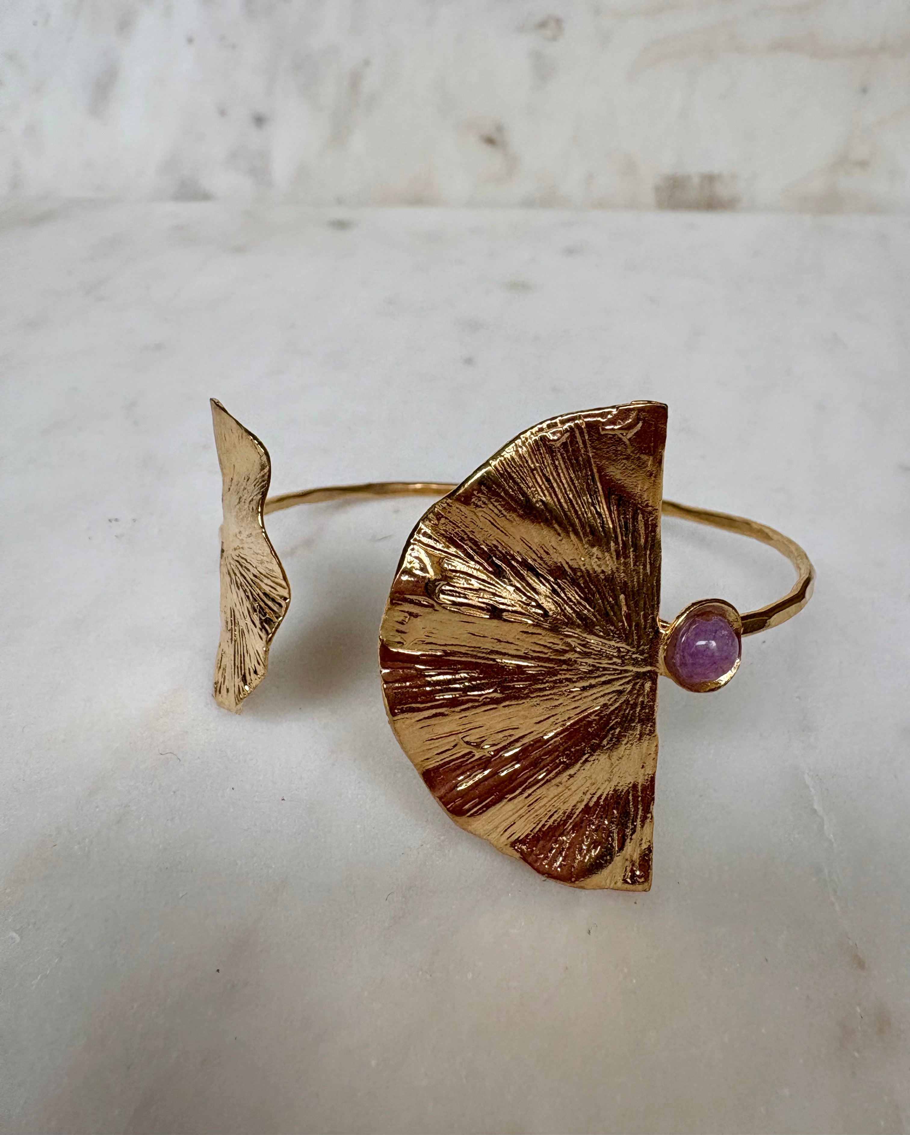 Golden Fan Cuff Bracelet Amethyst bead.