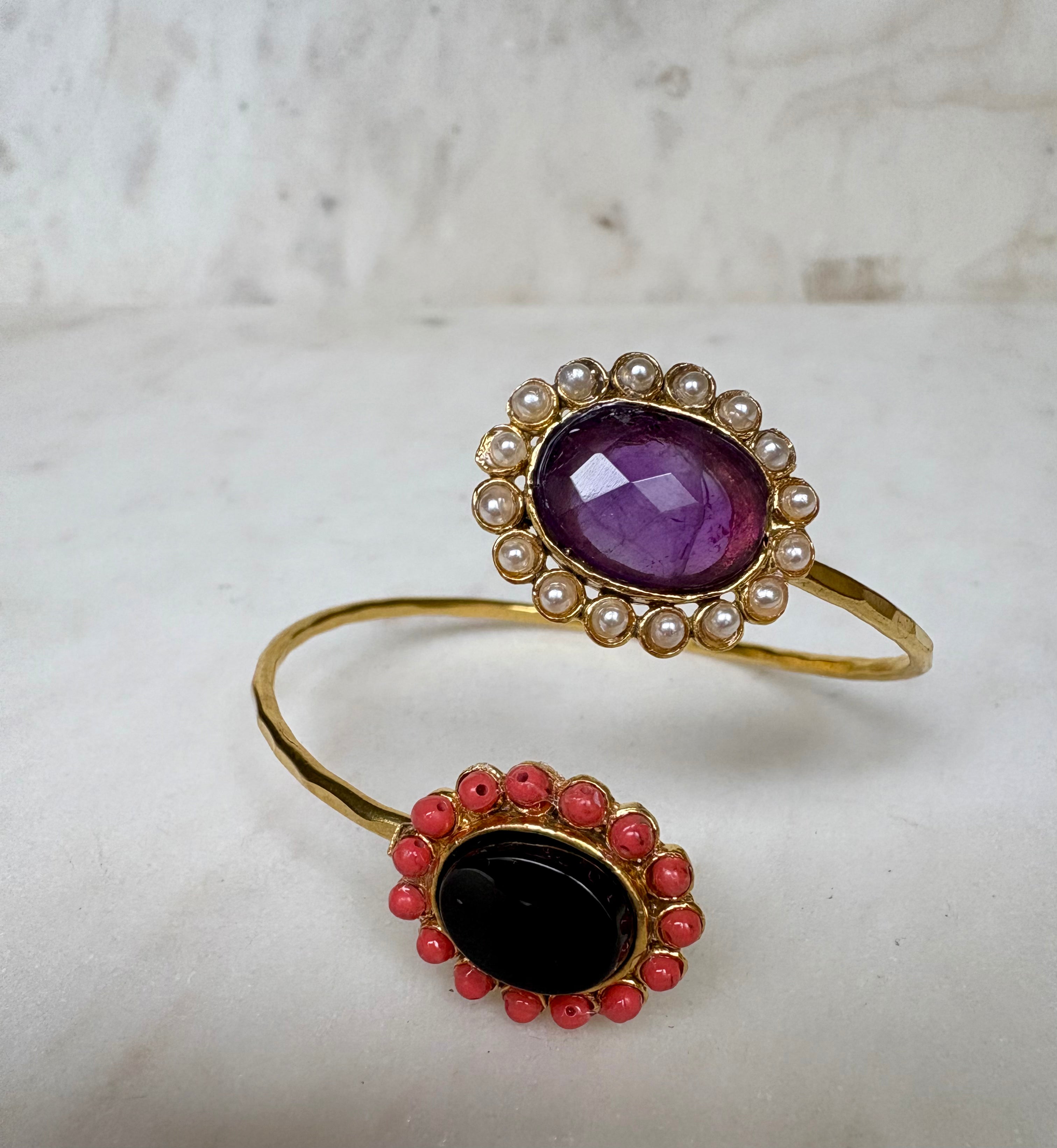 Elegant Goldplated Bangle with Gemstones and Pearls