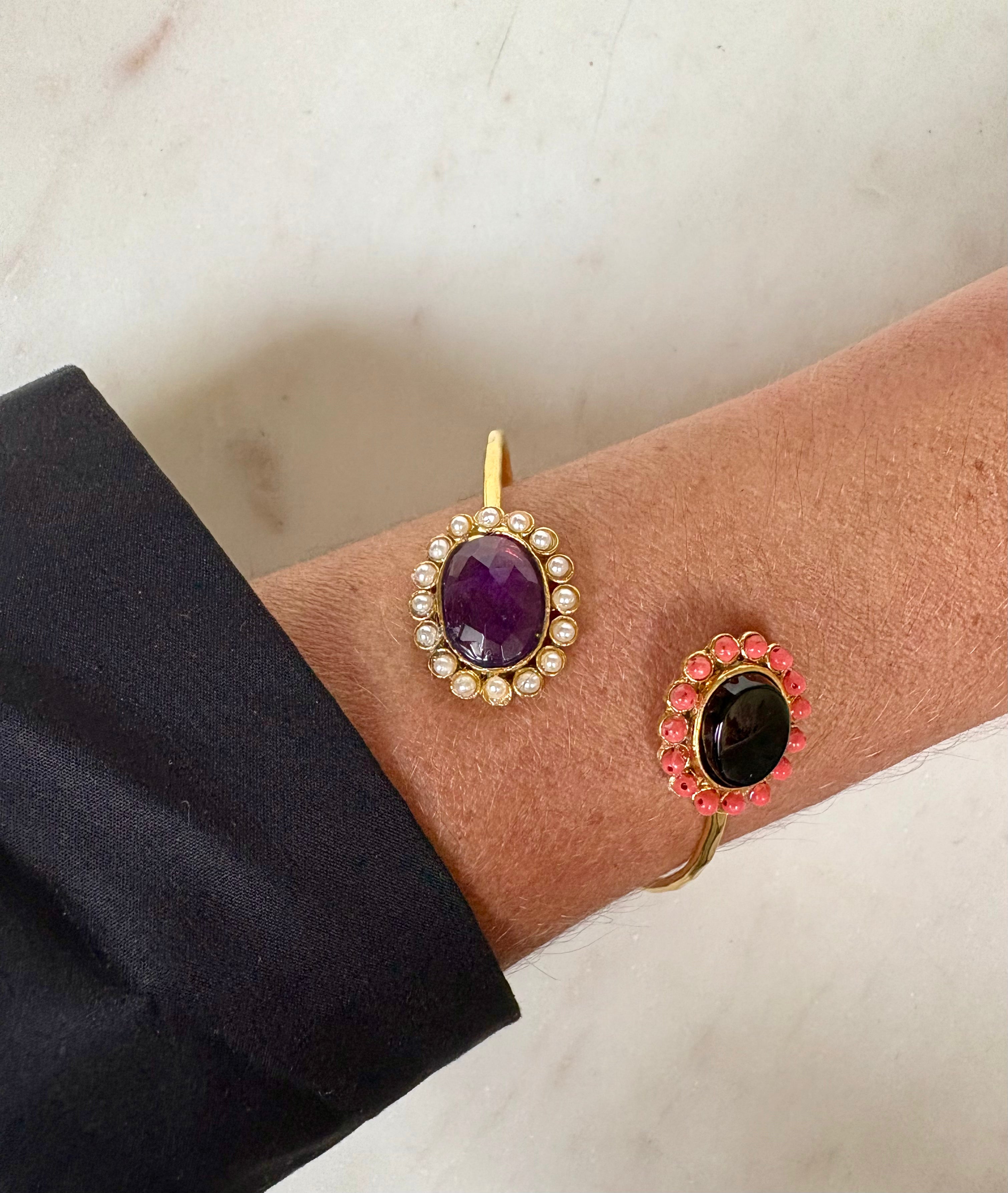 Elegant Goldplated Bangle with Gemstones and Pearls