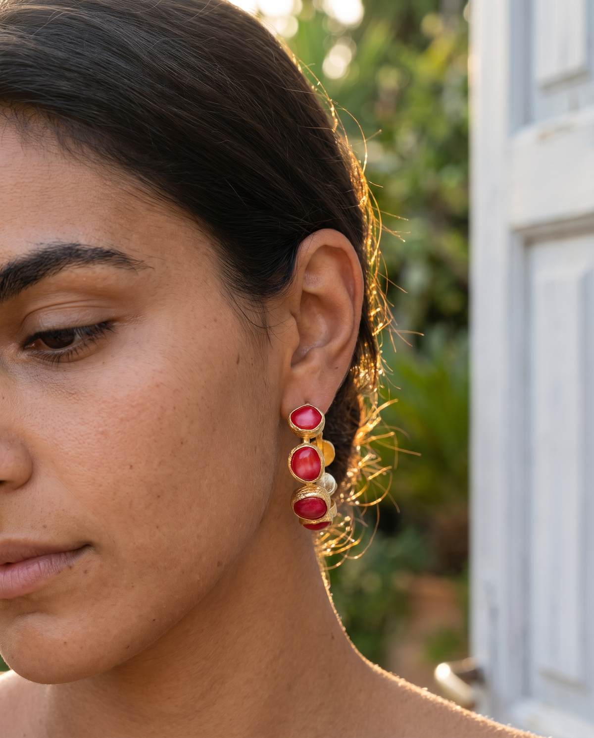 coral gemstone hoop earrings