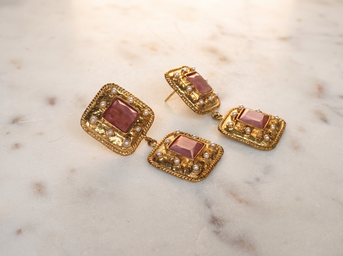 gold statement earrings with square pink gemstones