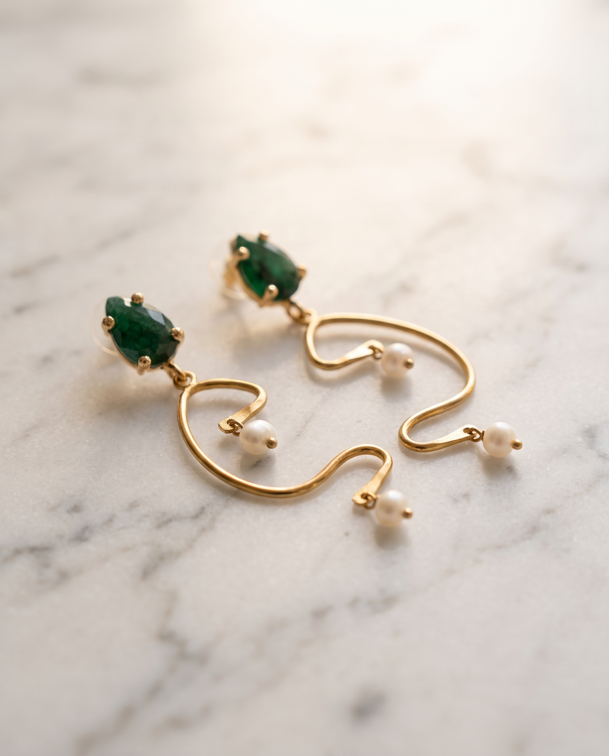green emerald & pearl sculptural drop earrings