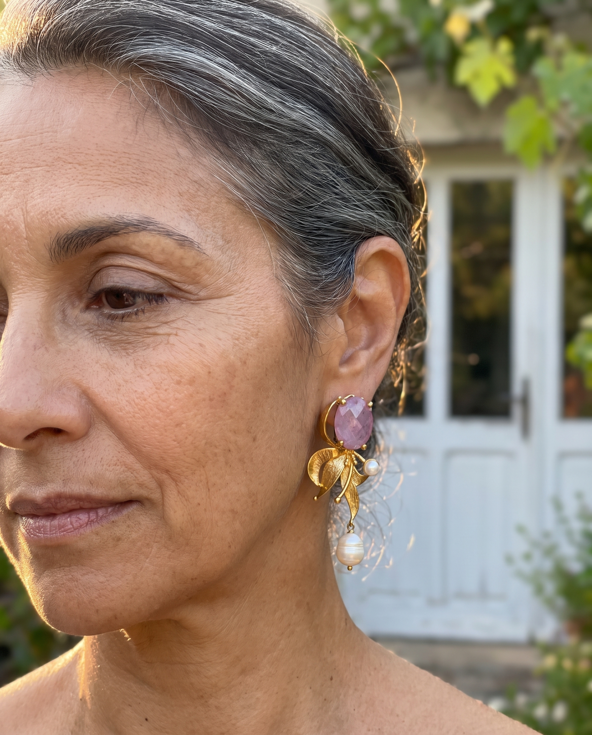 lilac gemstone golden design earrings