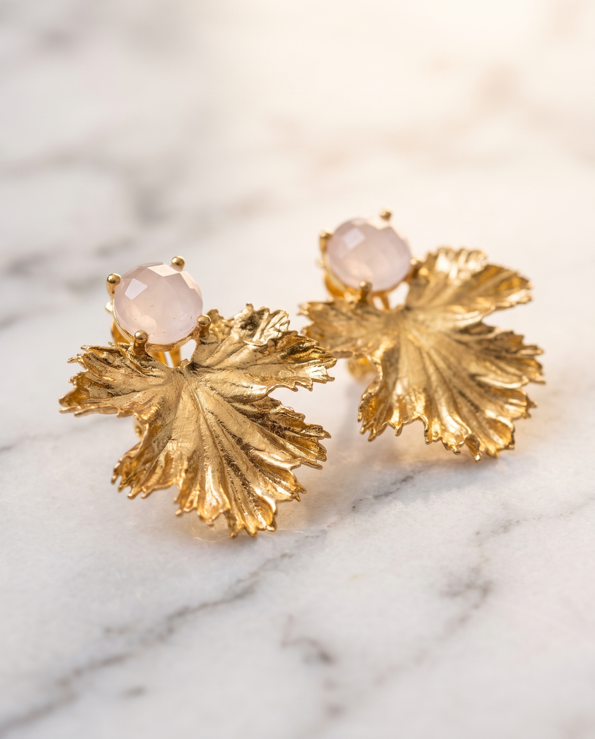 Pink Quartz Leaf Earrings