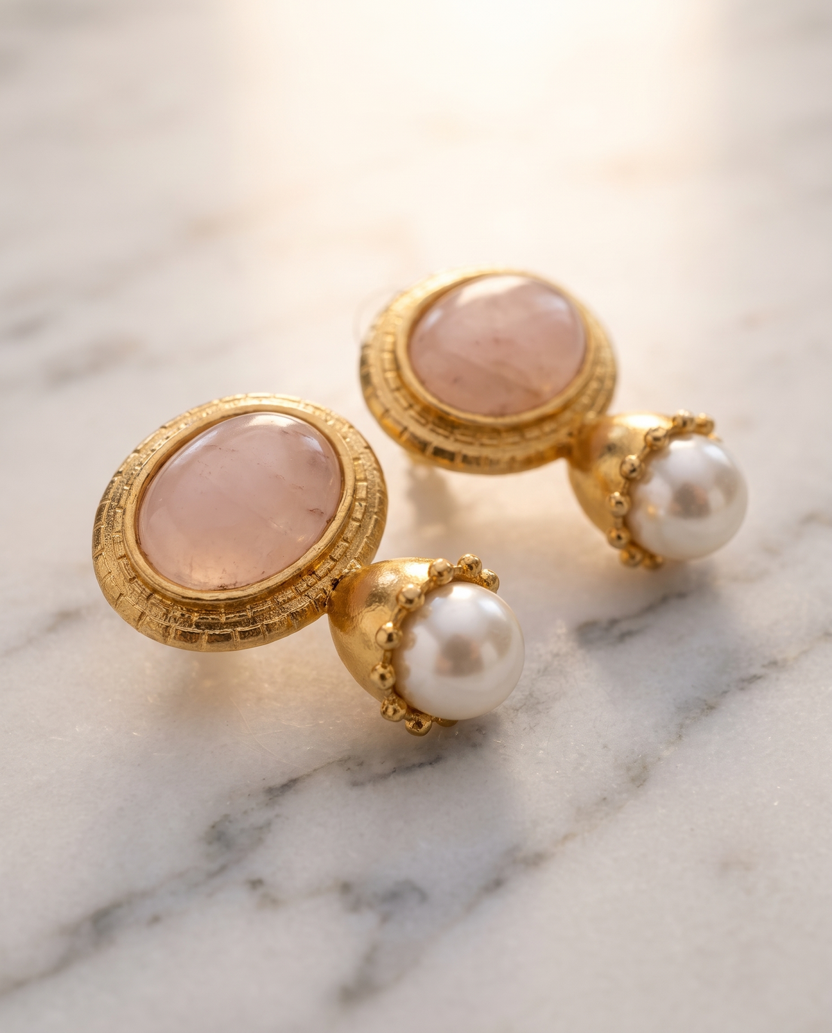 rose quartz & pearl stud drop earrings