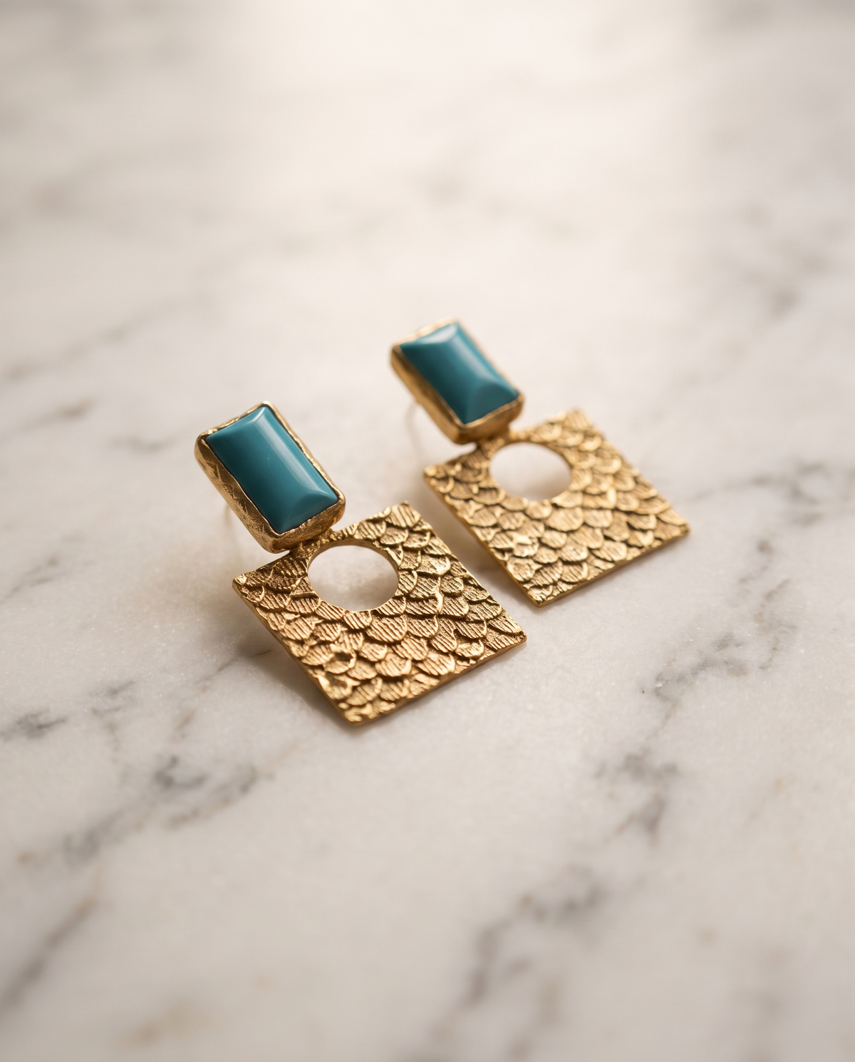 turquoise gold textured earrings