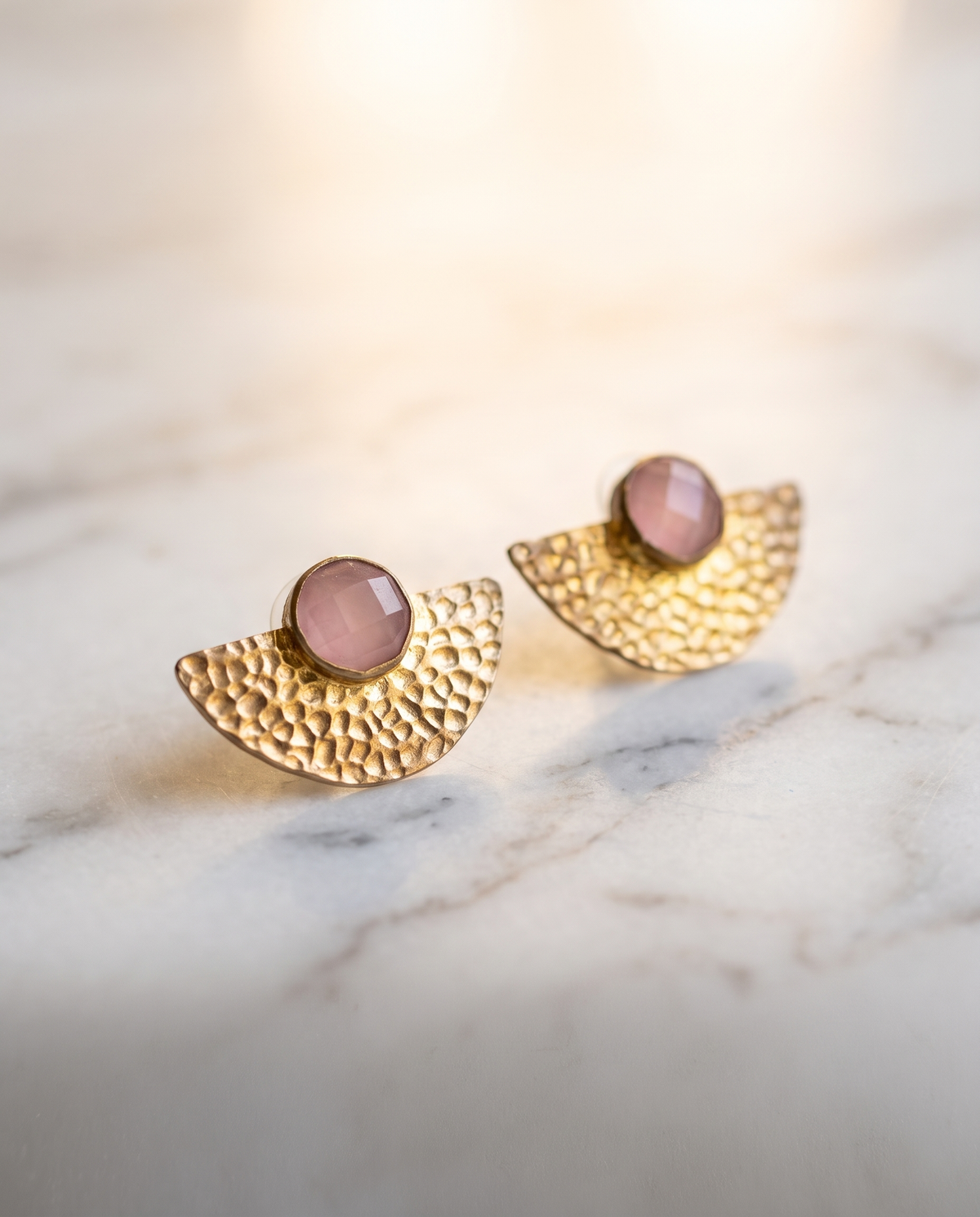 Half Moon | Pink Gemstone Gold Studs