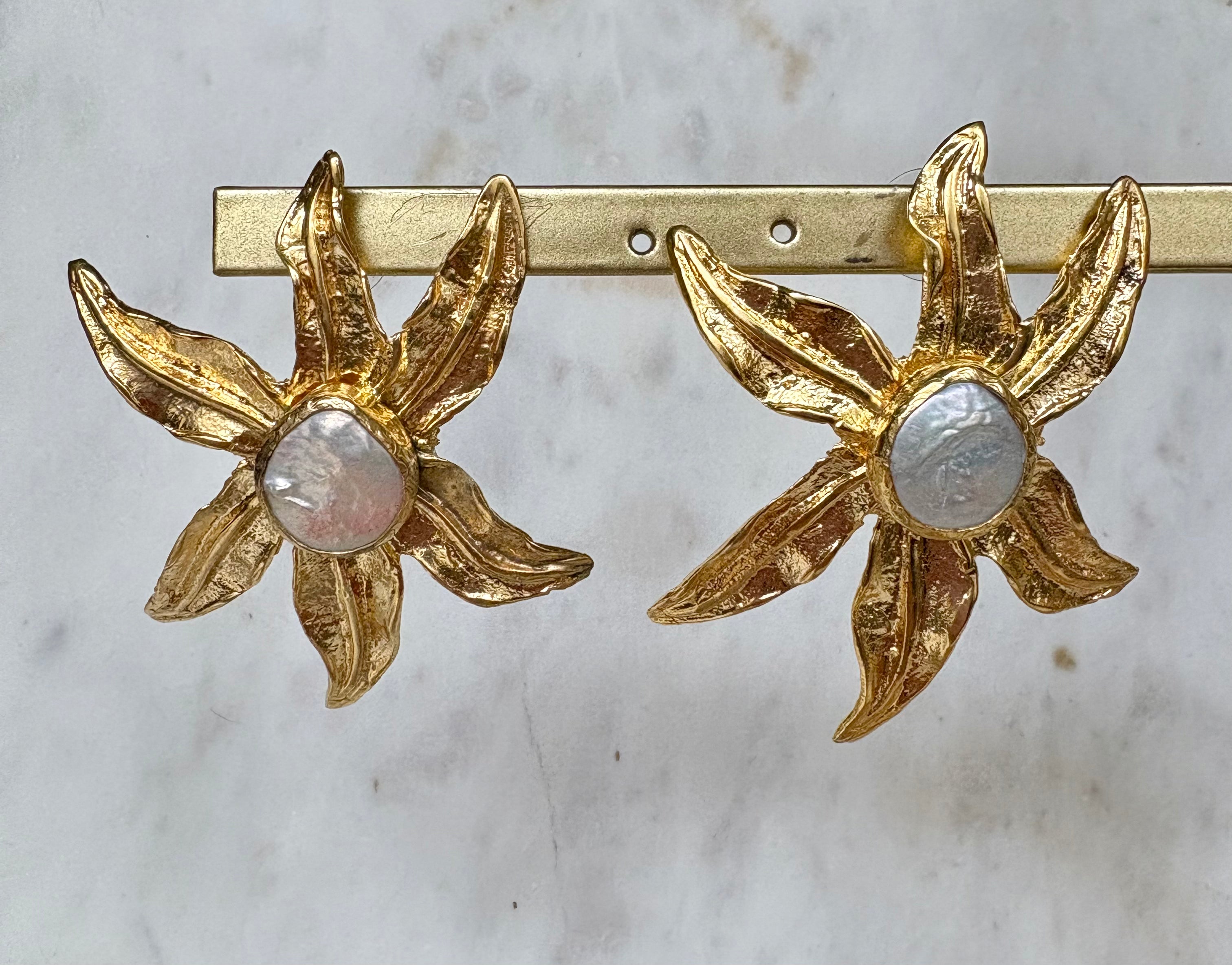 pearl statement flower stud earrings