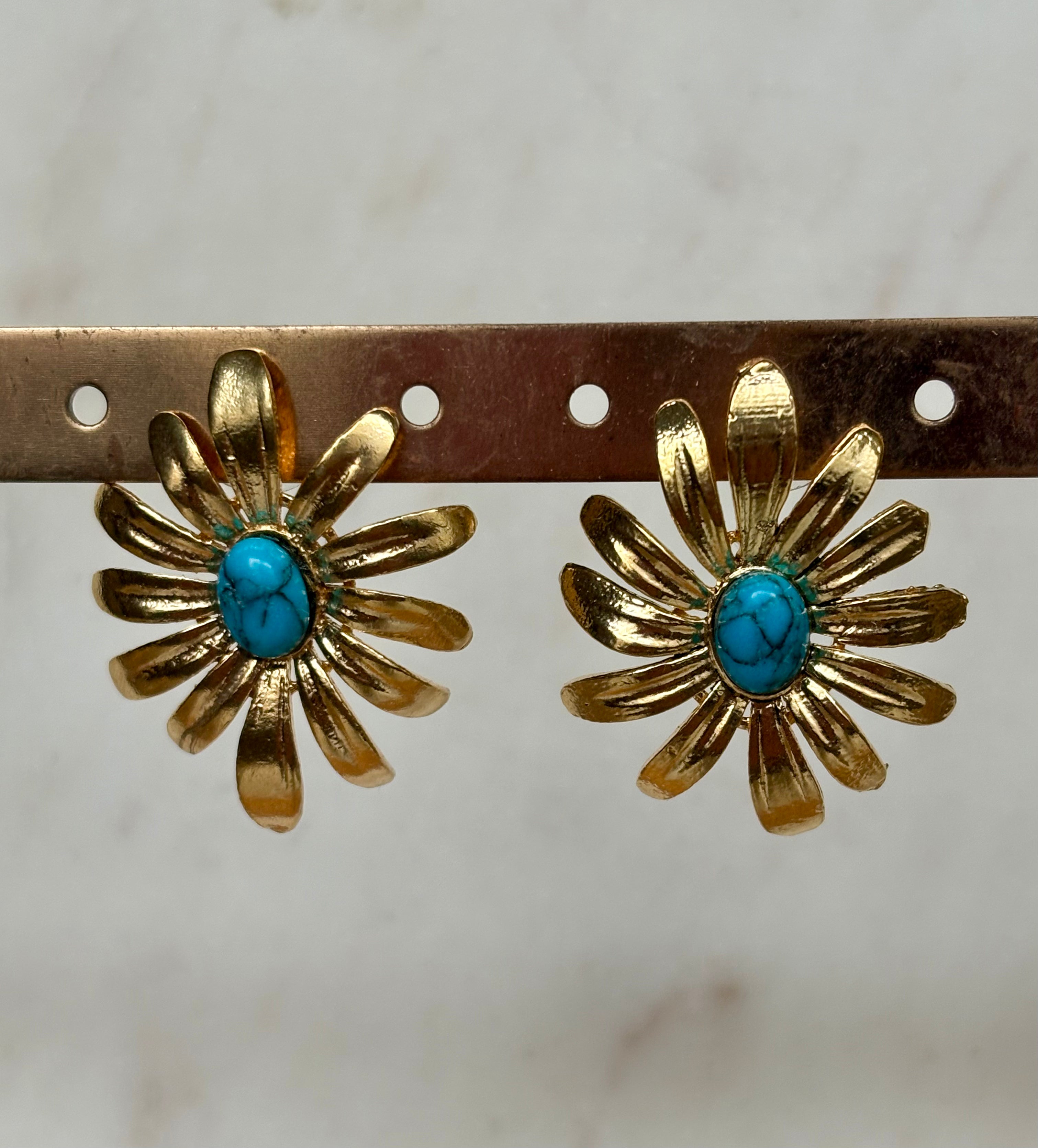 gold flower turquoise gemstone earrings