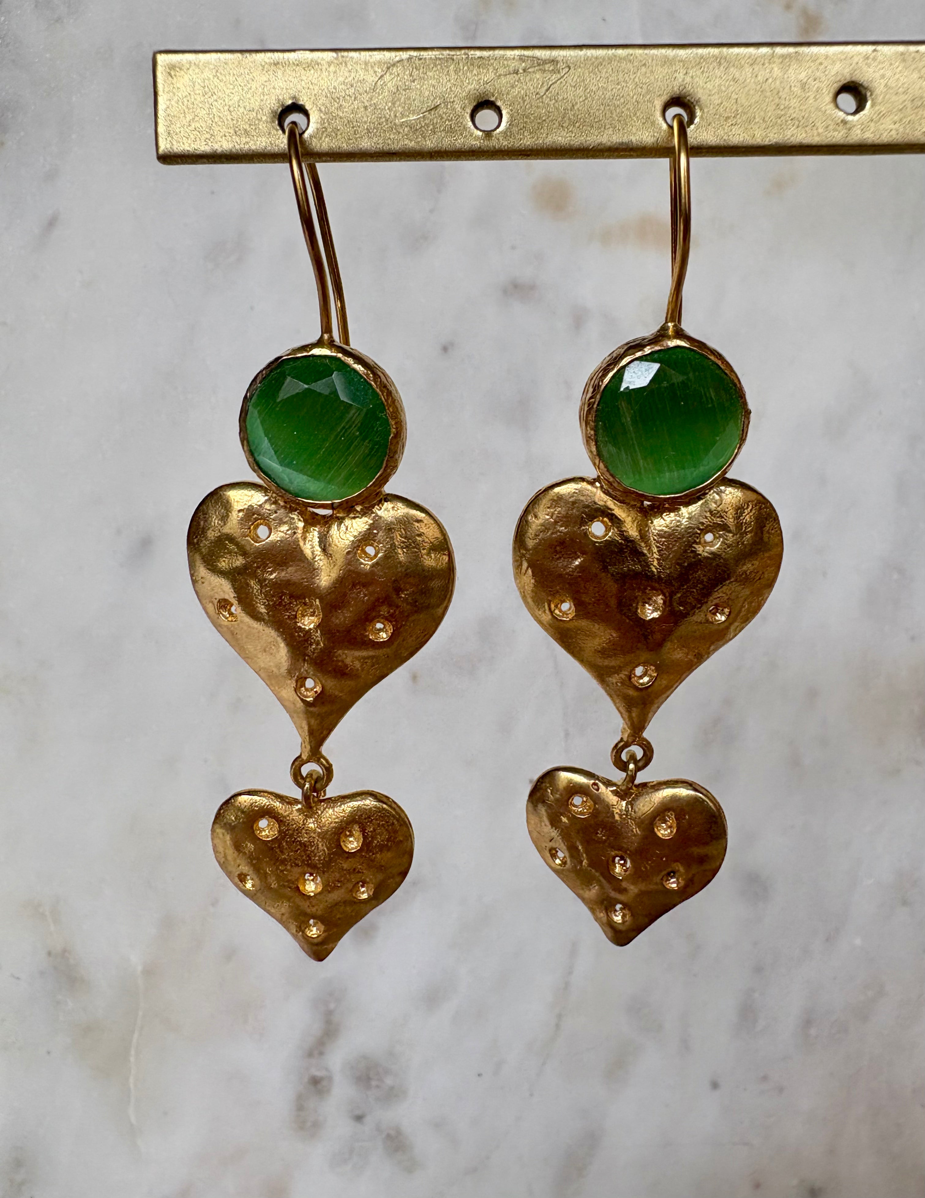 double heart green gemstone earrings