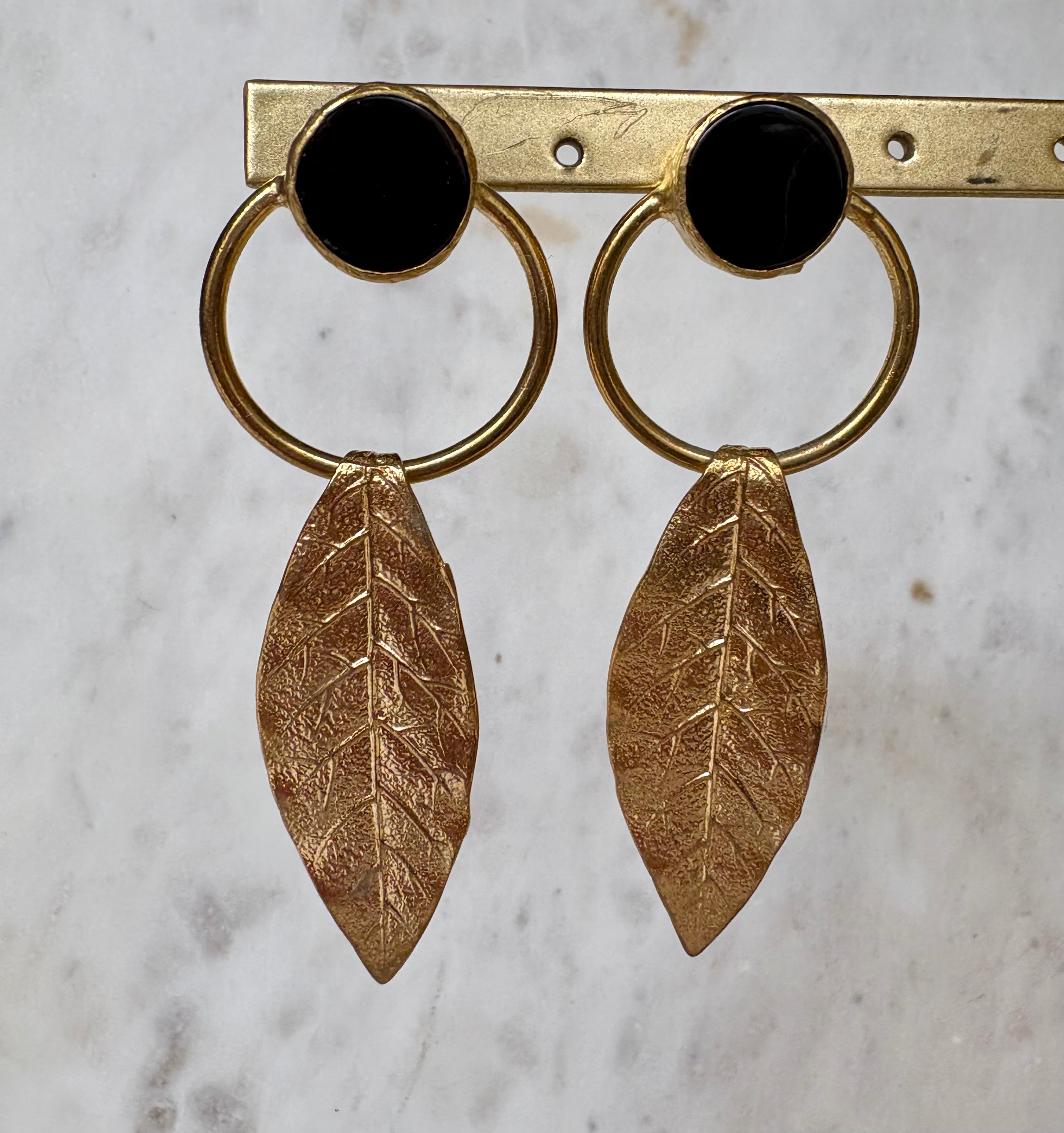 onyx gemstone leaf drop earrings