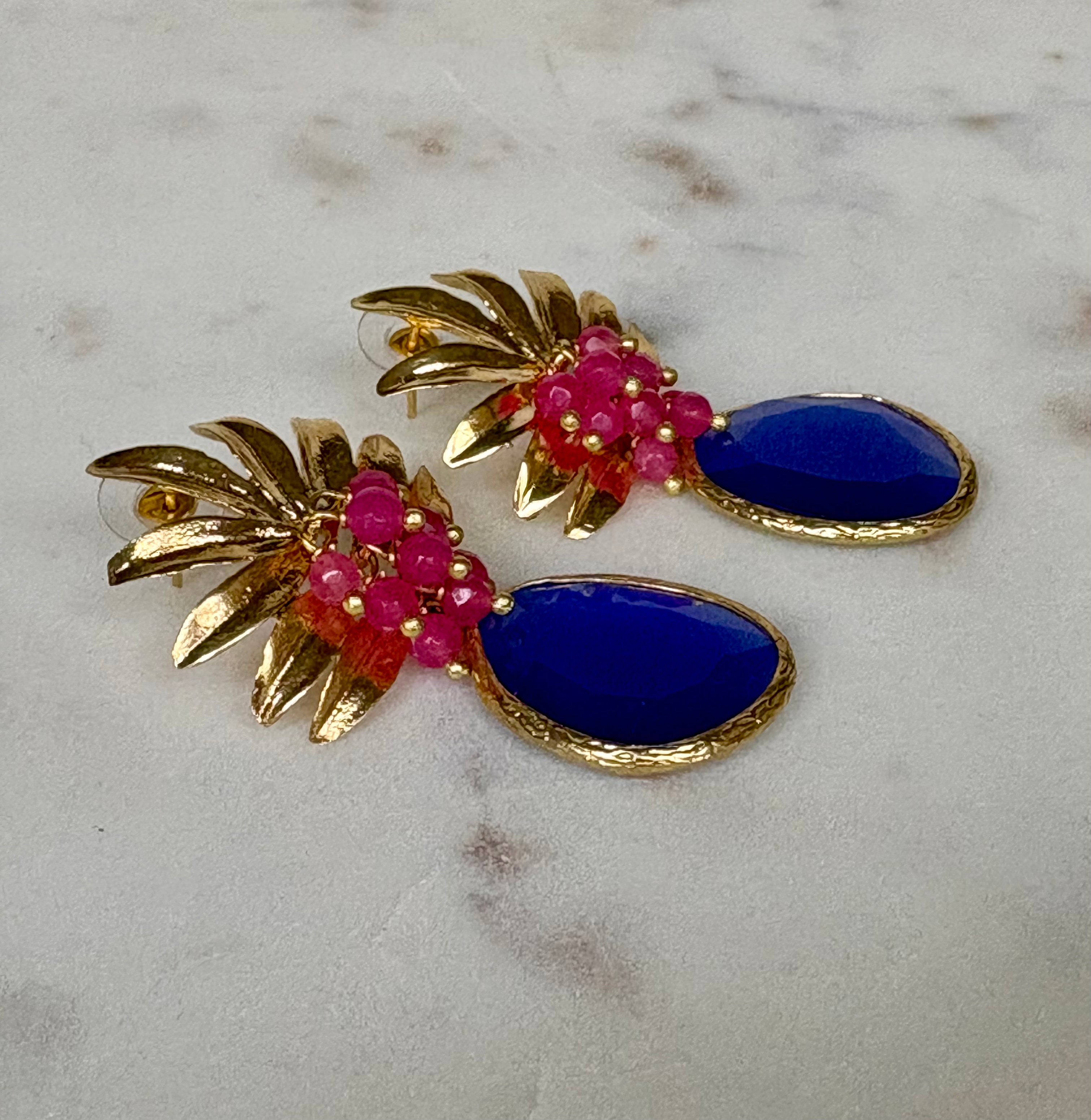Tropical drop earrings with blue gemstone