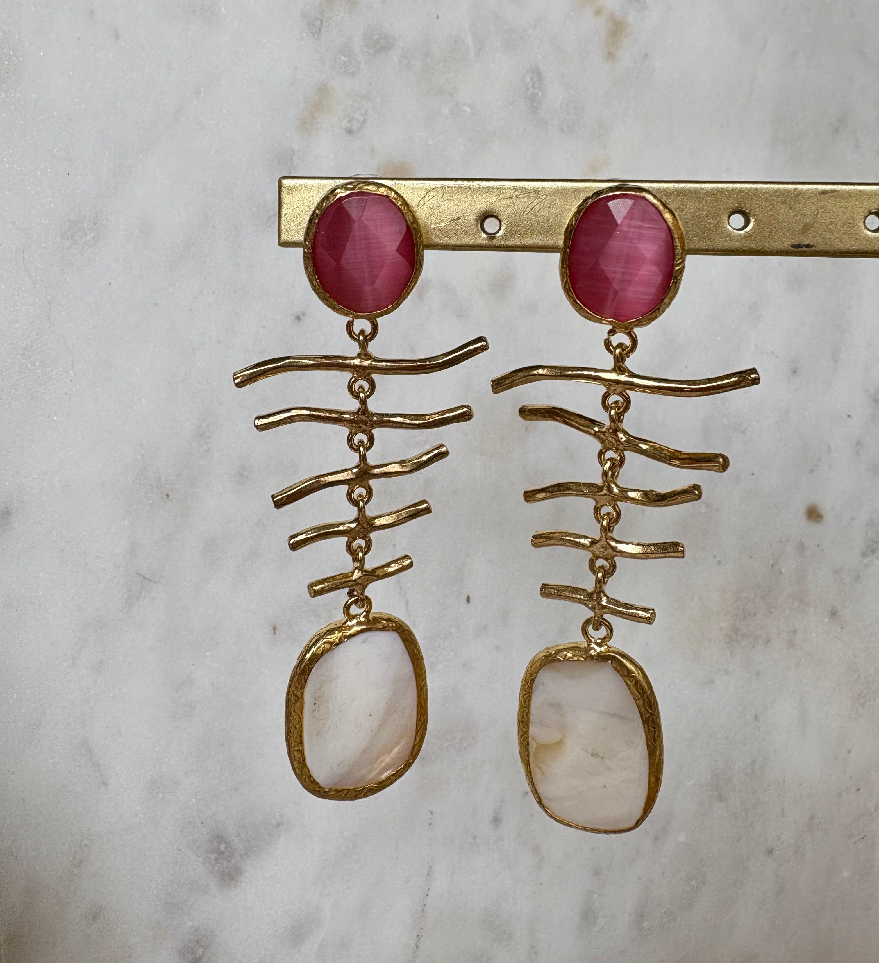 pink & white fishbone earrings