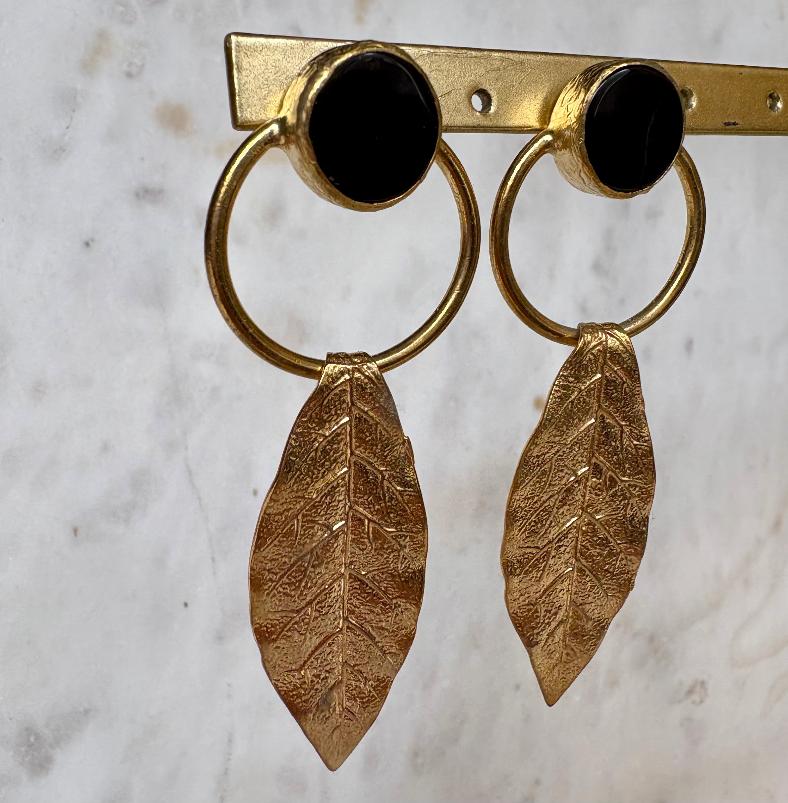 onyx gemstone leaf drop earrings