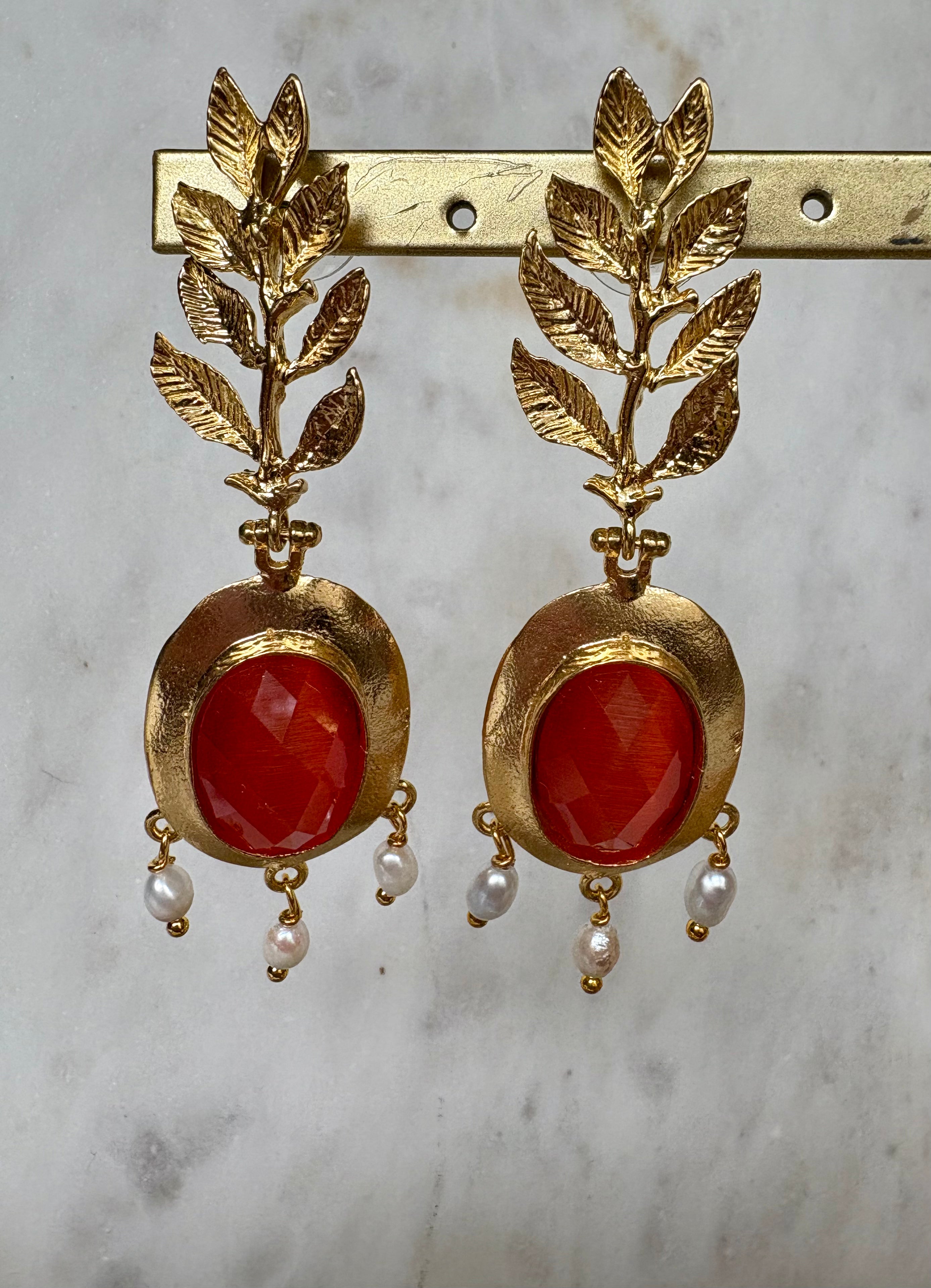 leaf design with orange gemstone earrings