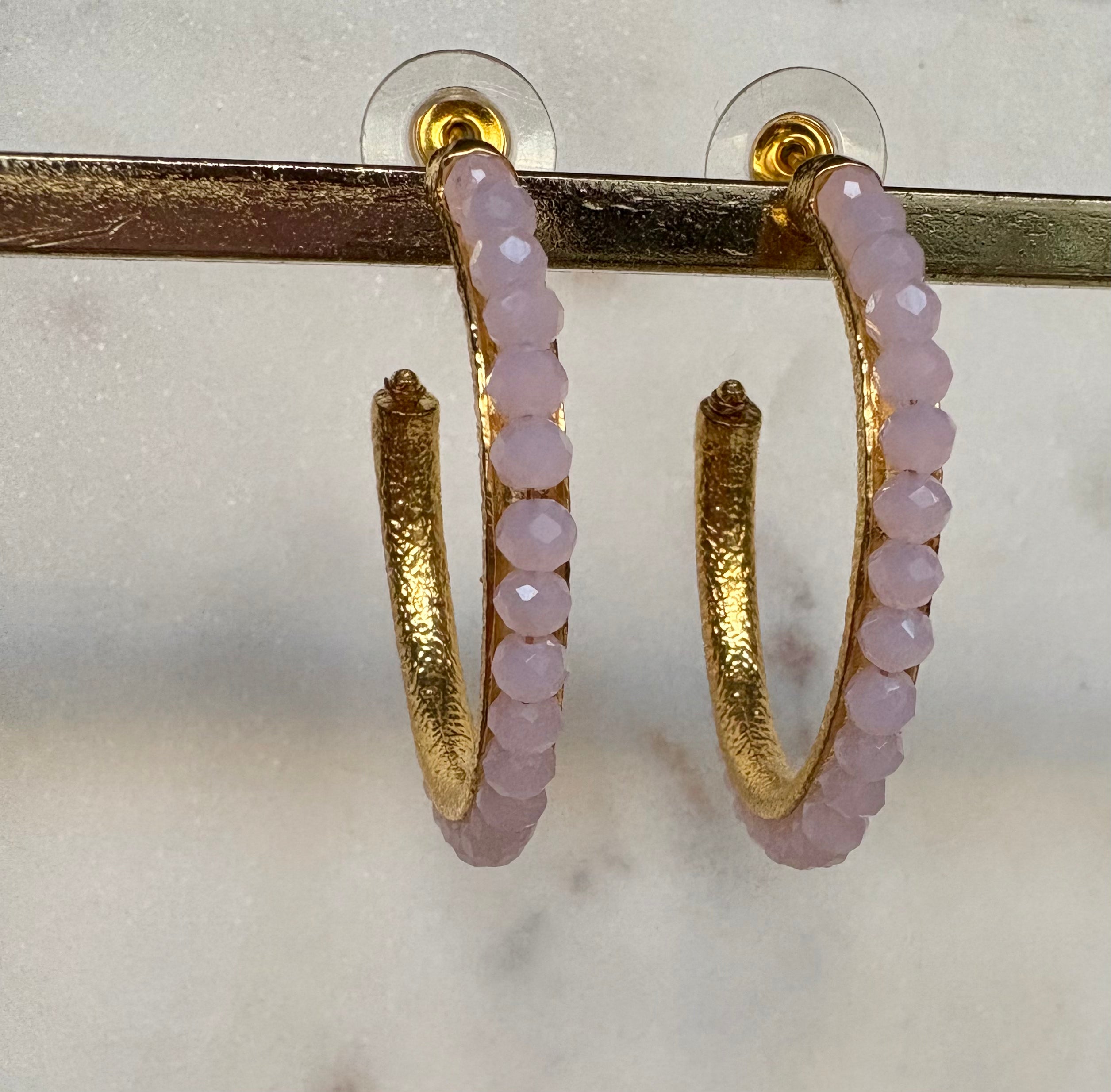pink quartz bead hoop earrings