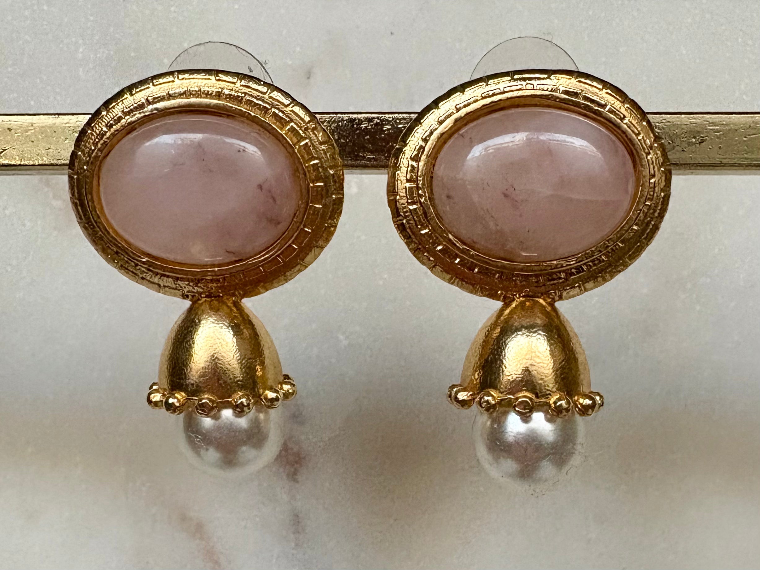 rose quartz & pearl stud drop earrings