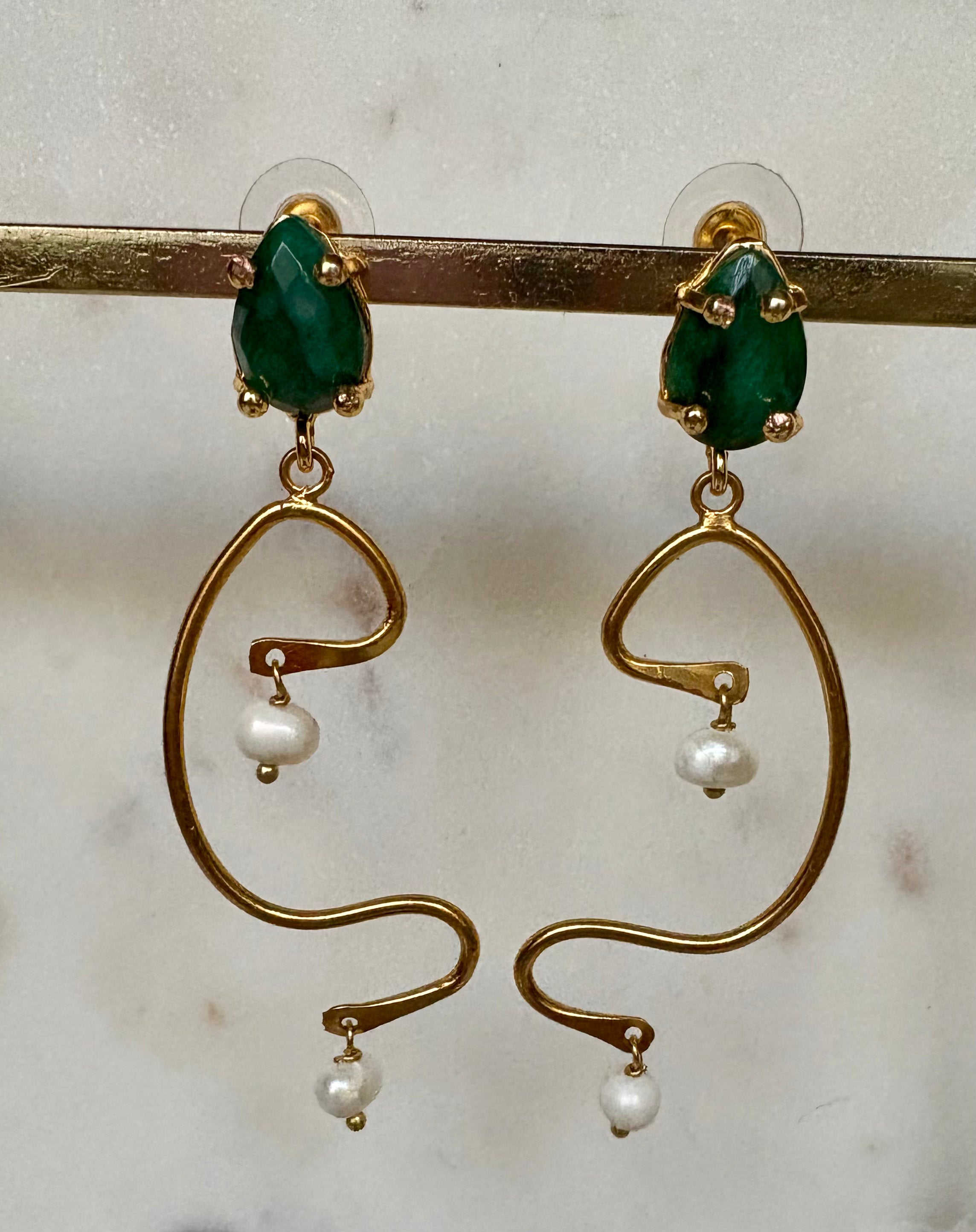 green emerald & pearl sculptural drop earrings