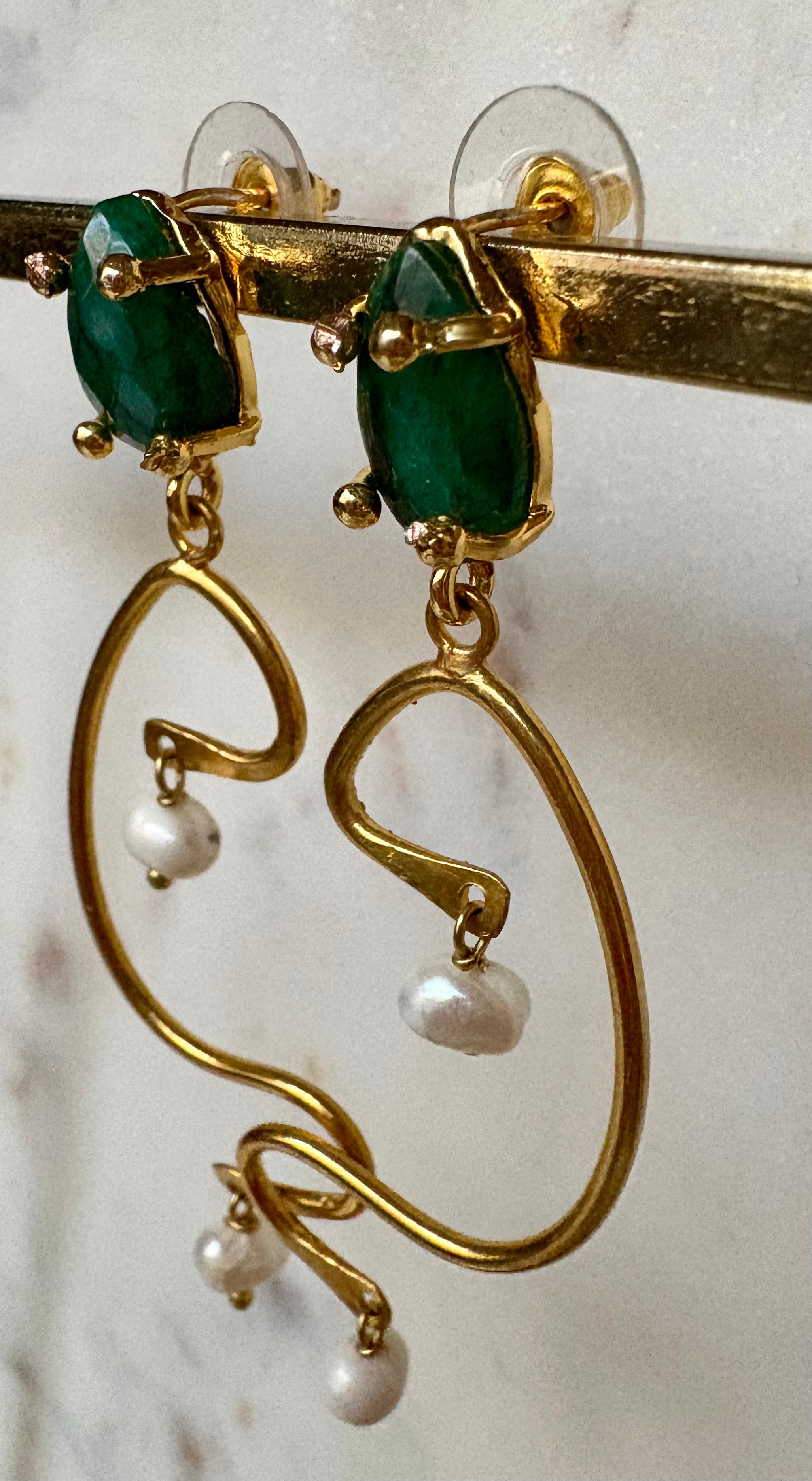 green emerald & pearl sculptural drop earrings