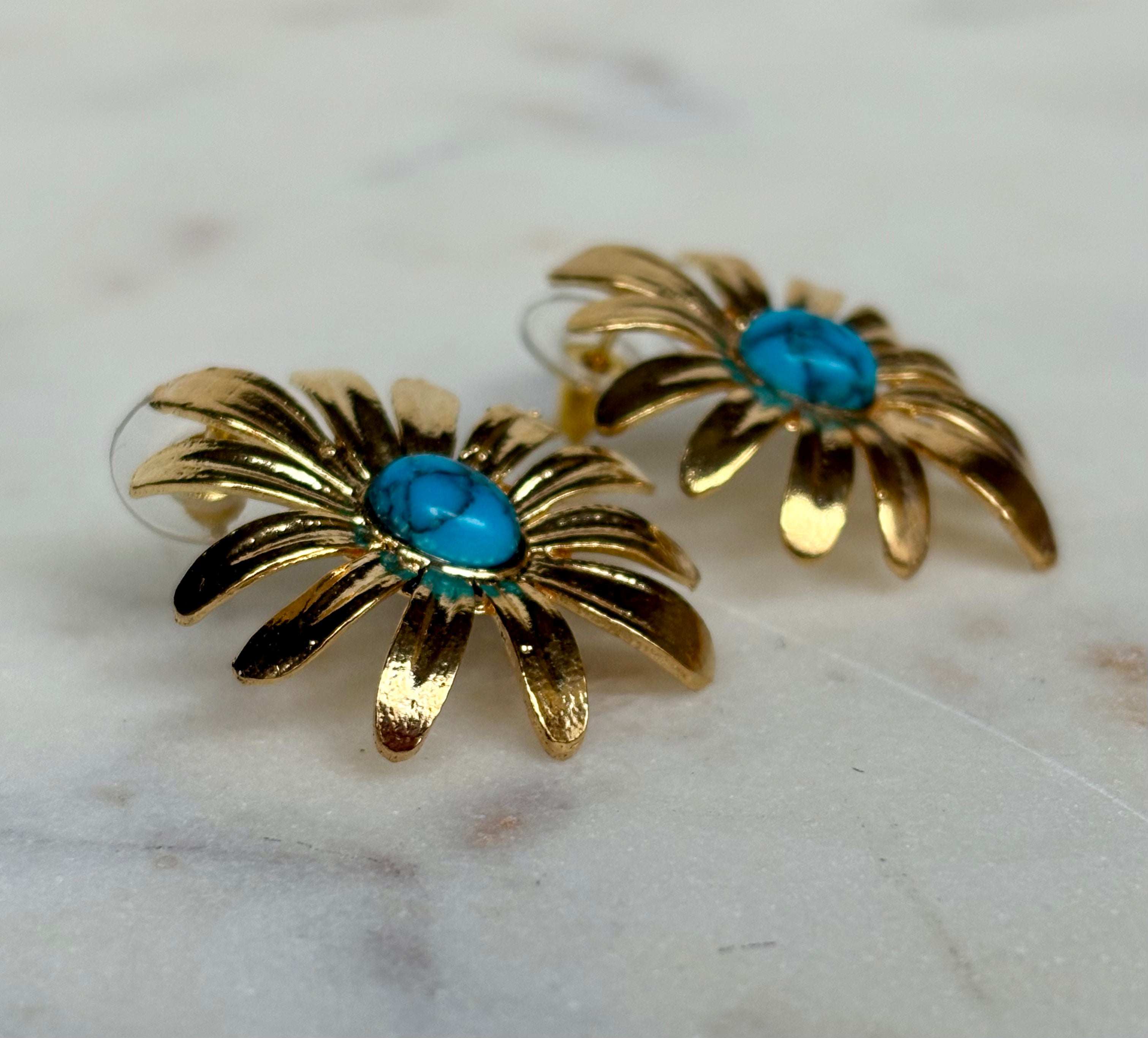 gold flower turquoise gemstone earrings