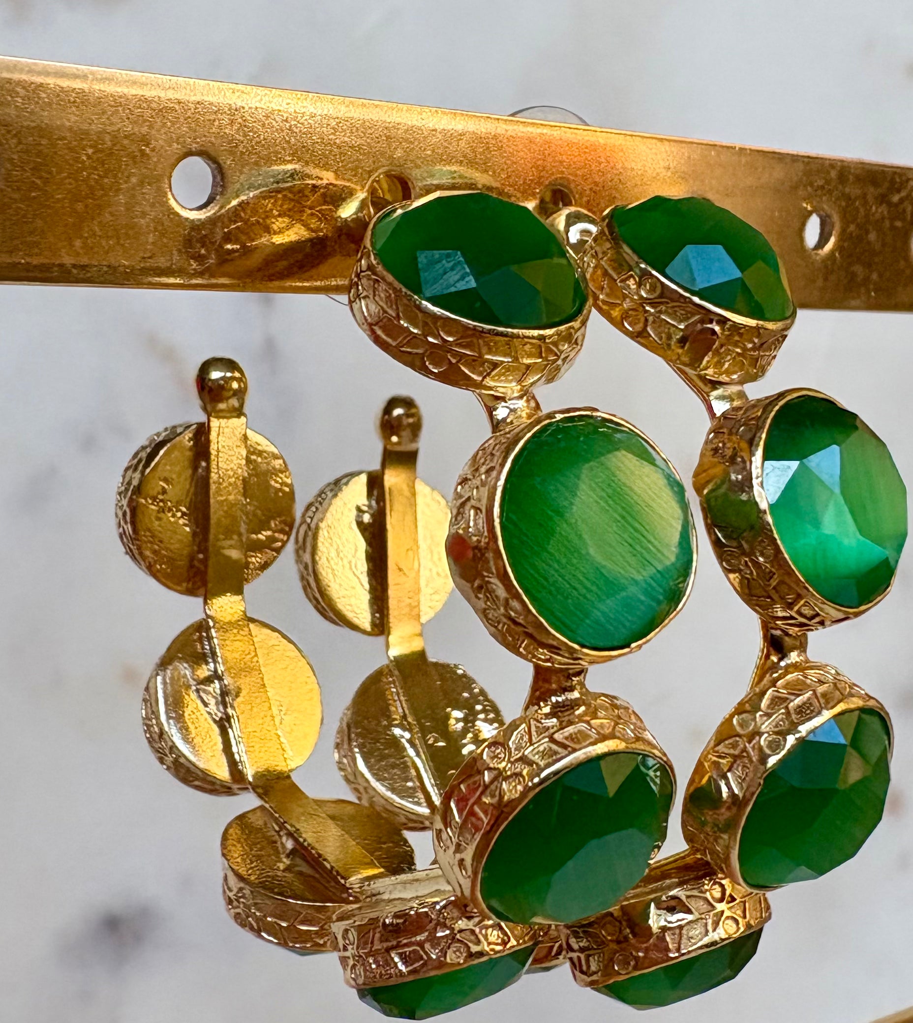gold emerald green gemstone statement earrings