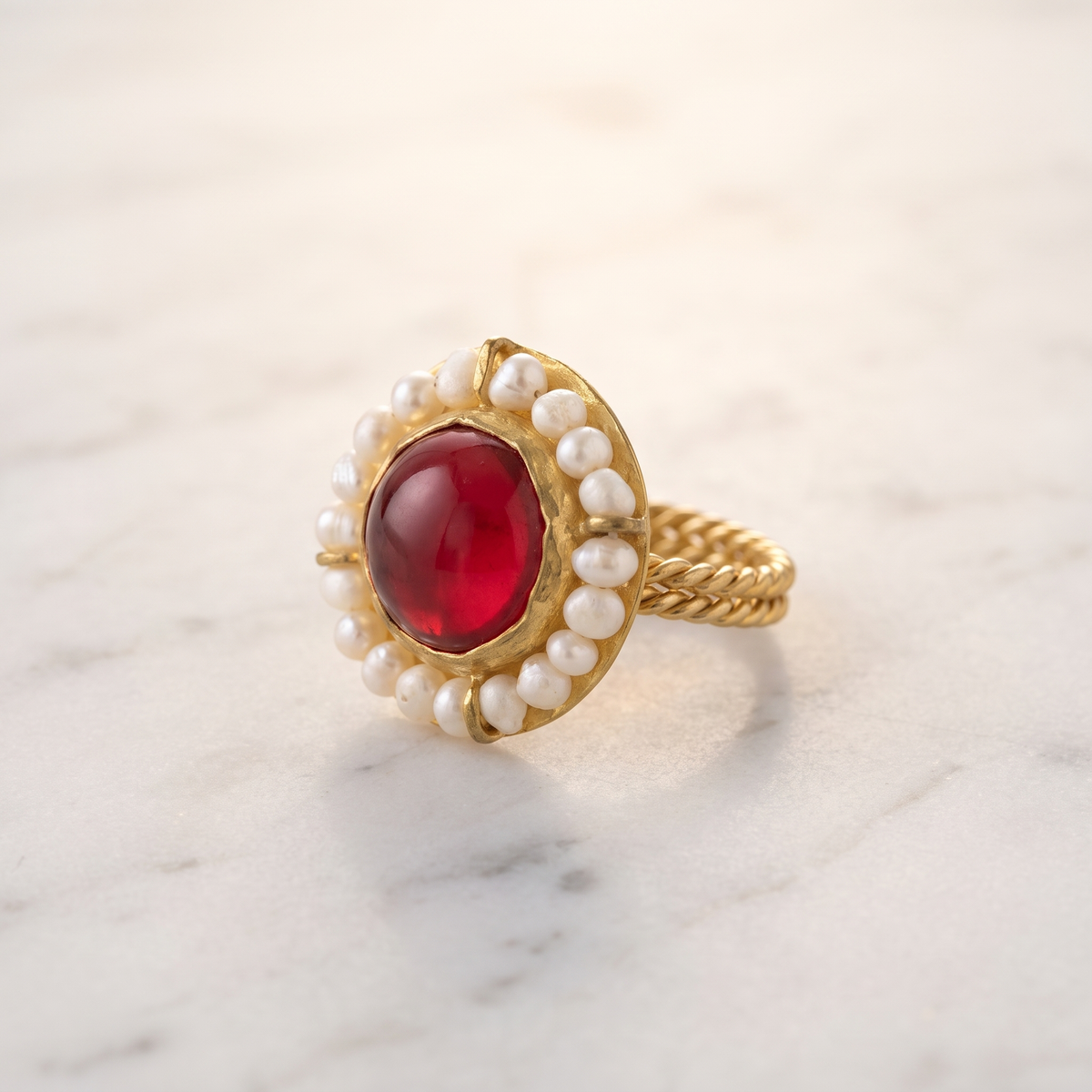 Gold Statement Ring with Red Stone & Pearls