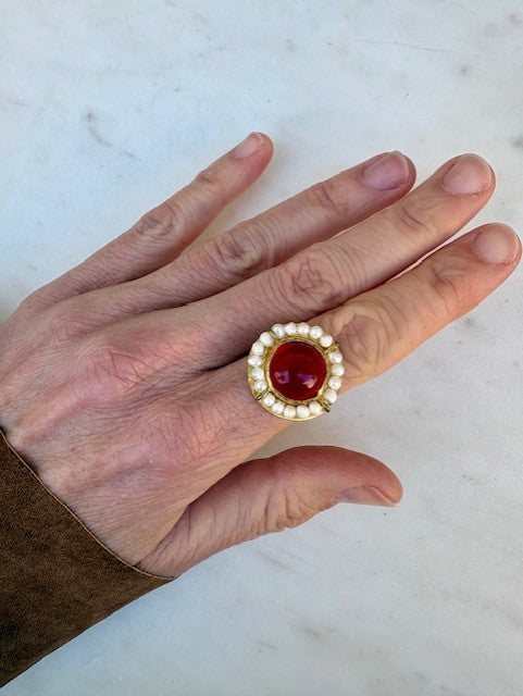 Gold Statement Ring with Red Stone & Pearls