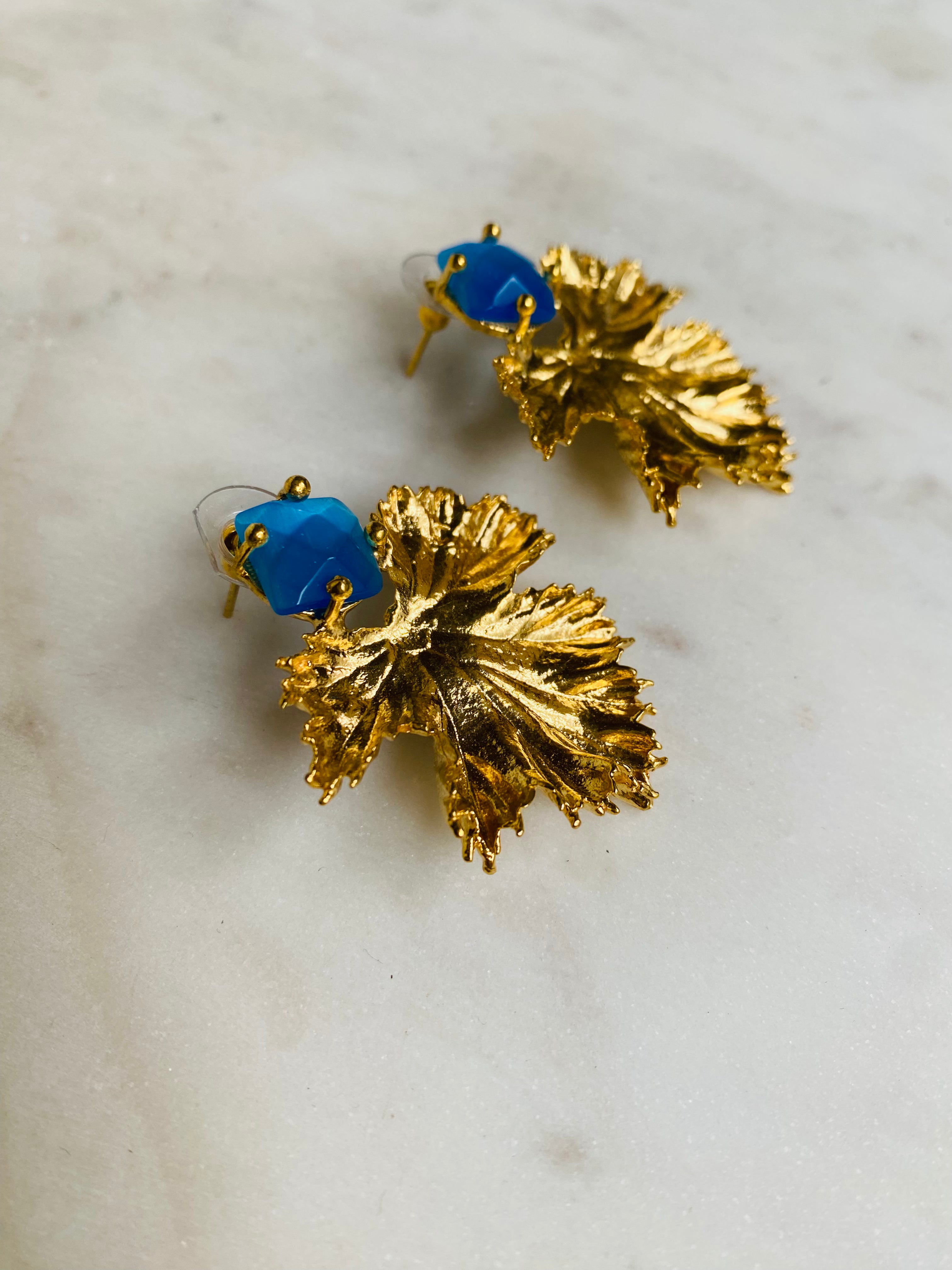 sky blue gemstone gold leaf design earrings
