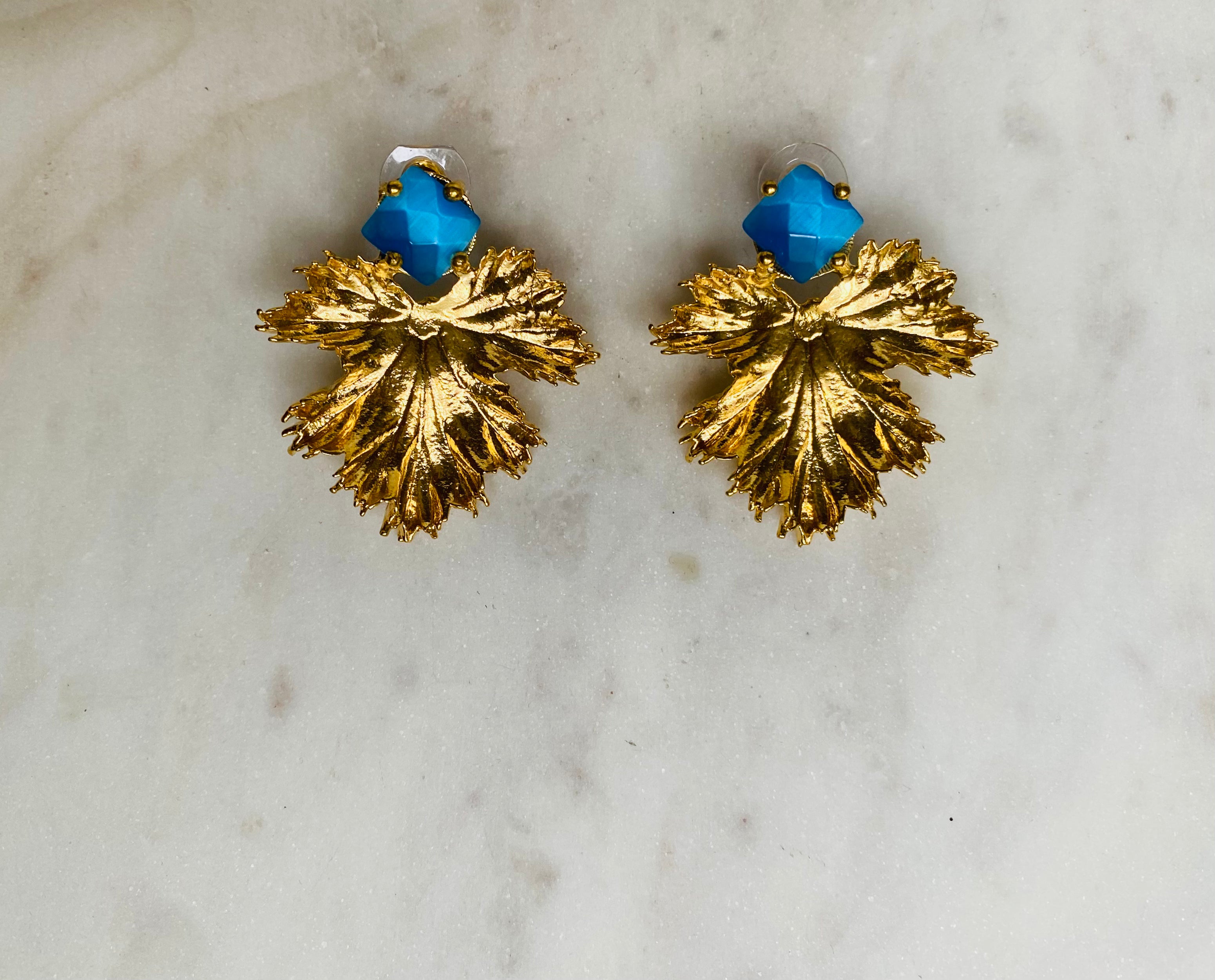 sky blue gemstone gold leaf design earrings