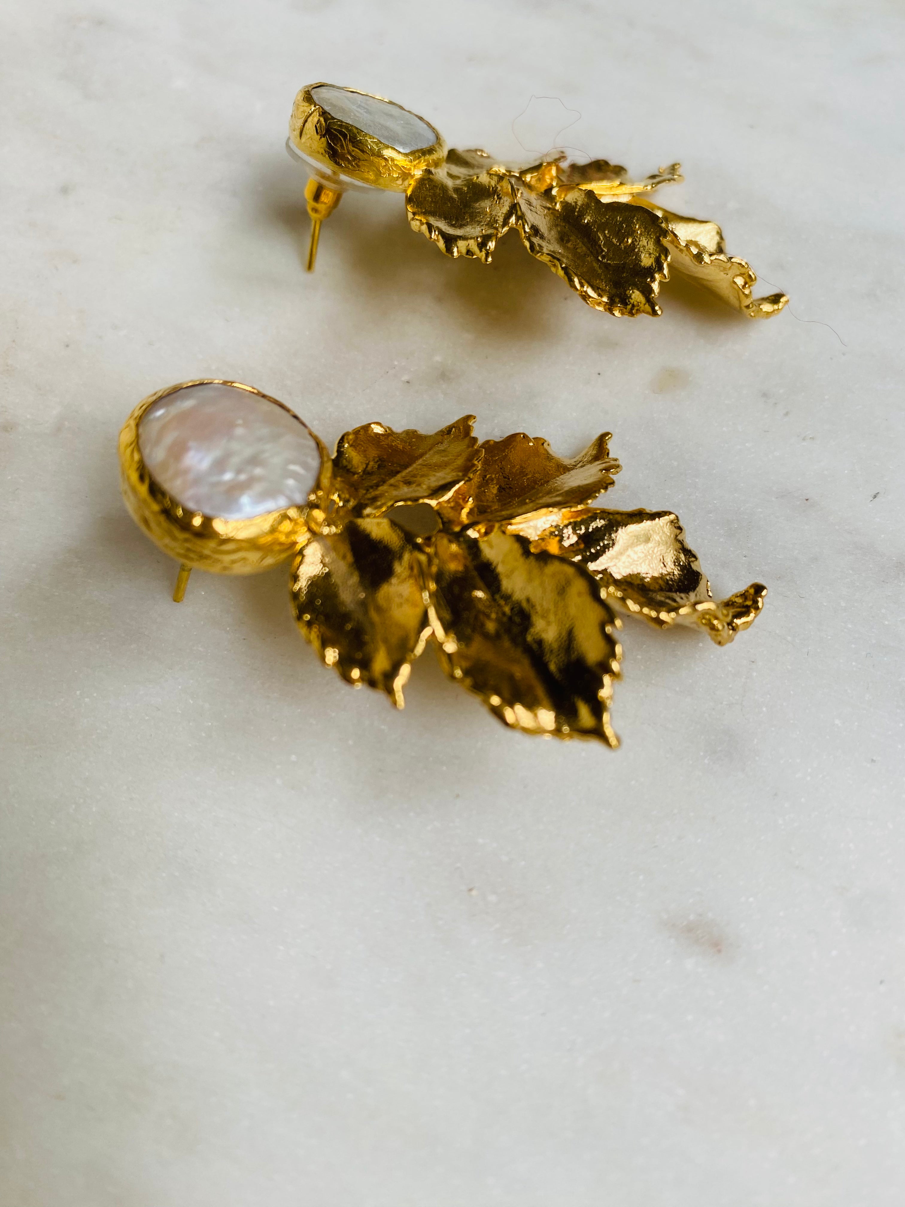 pearl gold leaf earrings