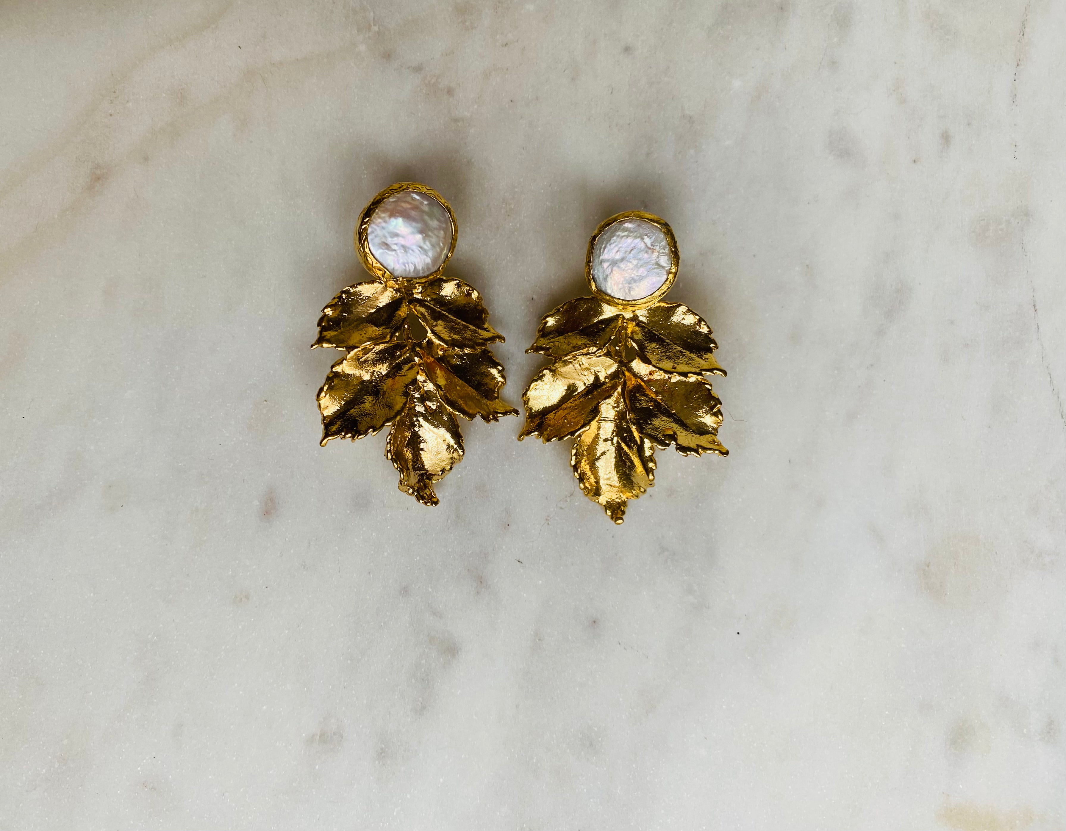 pearl gold leaf earrings