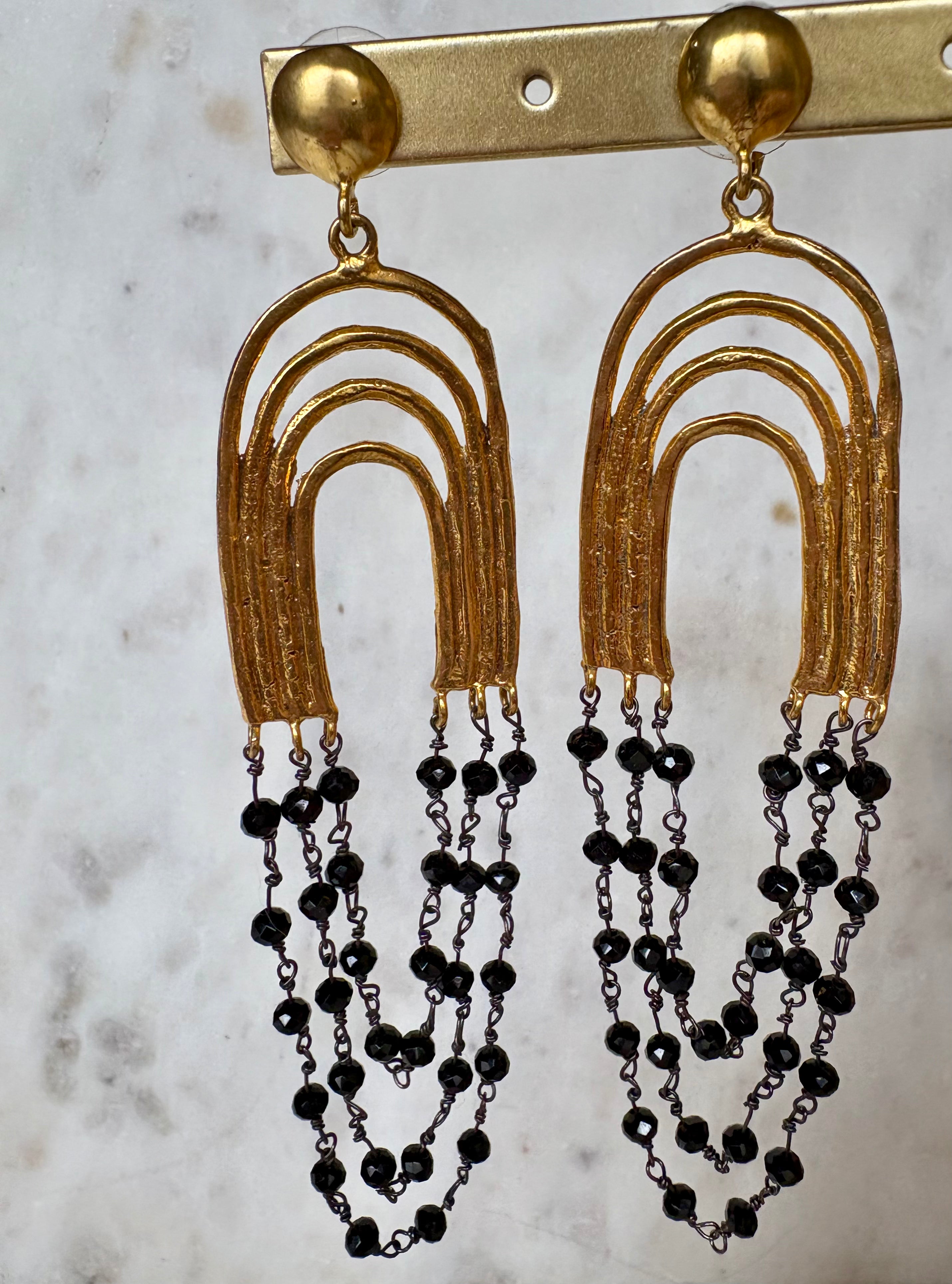 longdrop goldwired bottom black bead earrings