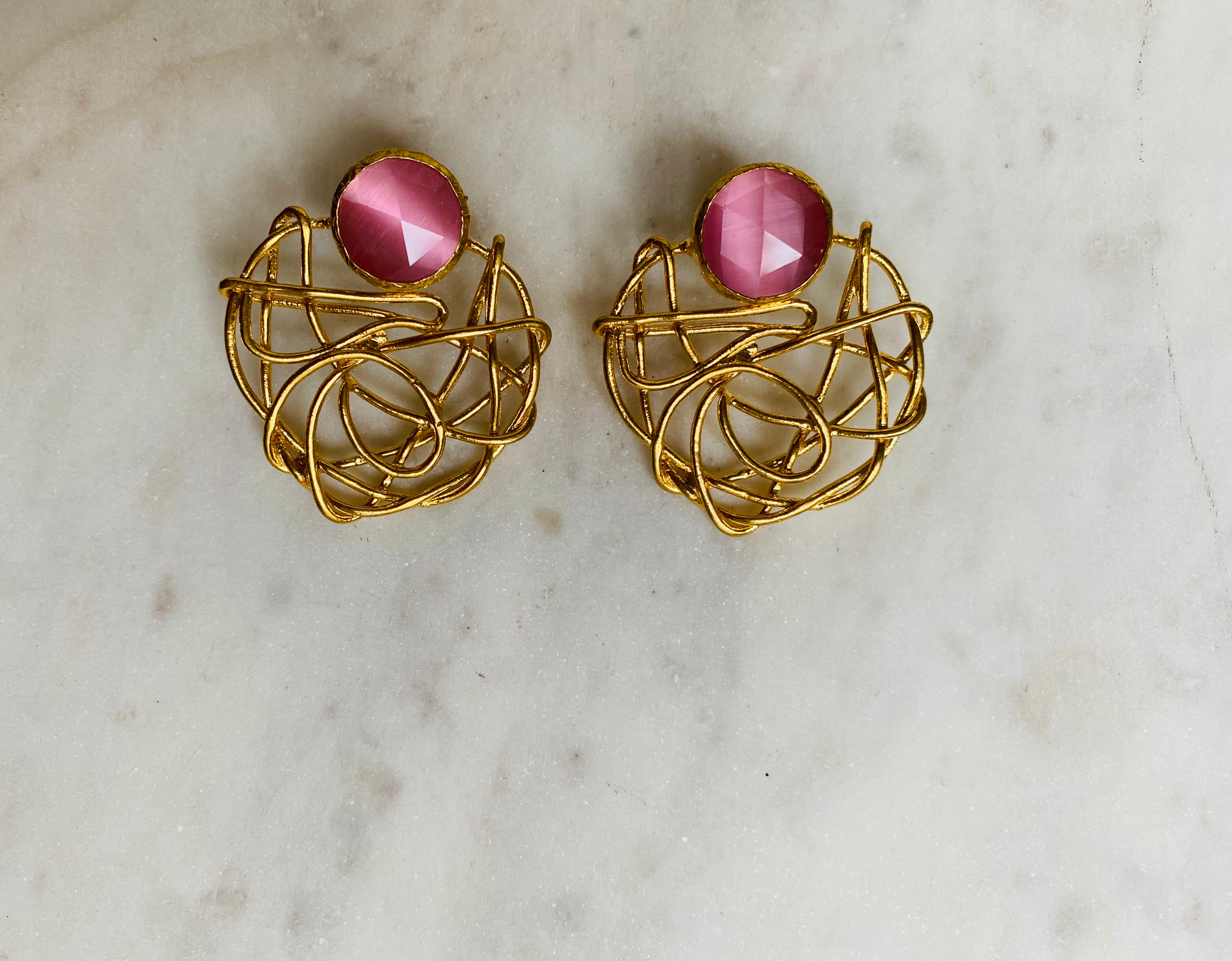 goldwired pink gemstone earrings
