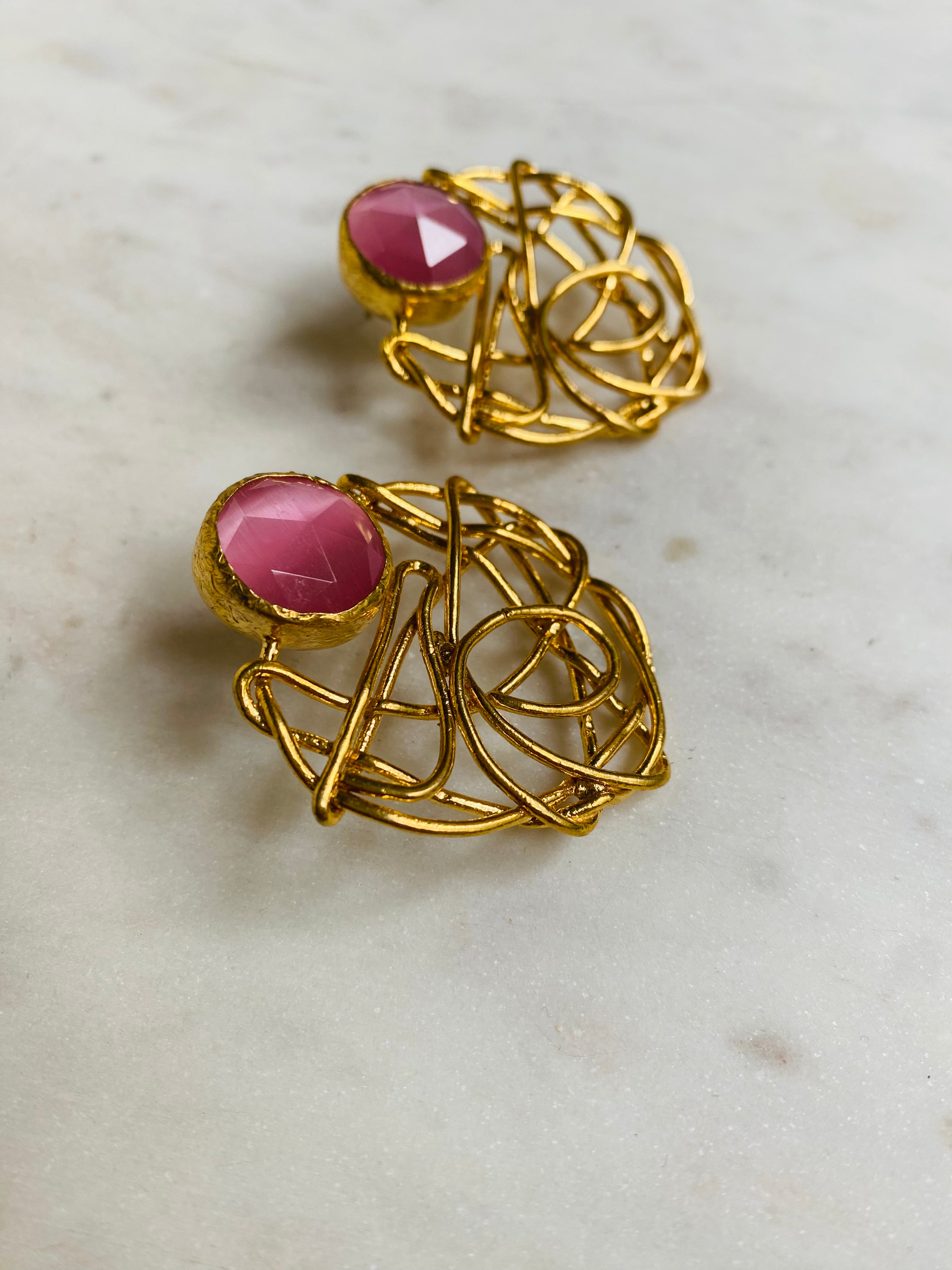 goldwired pink gemstone earrings
