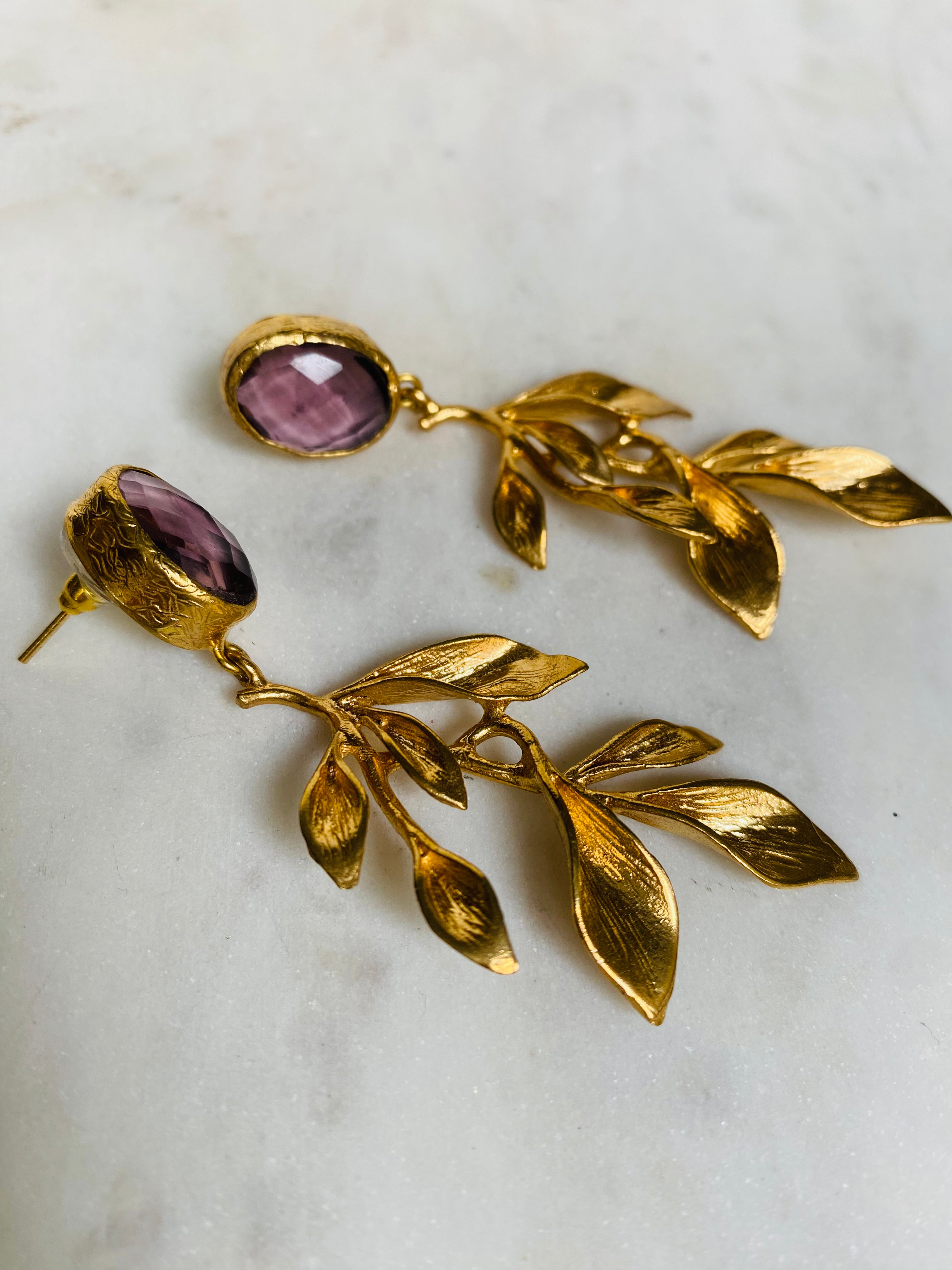 gemstone leaf design earrings