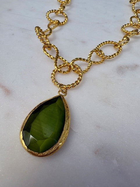 gold chain necklace green drip stone
